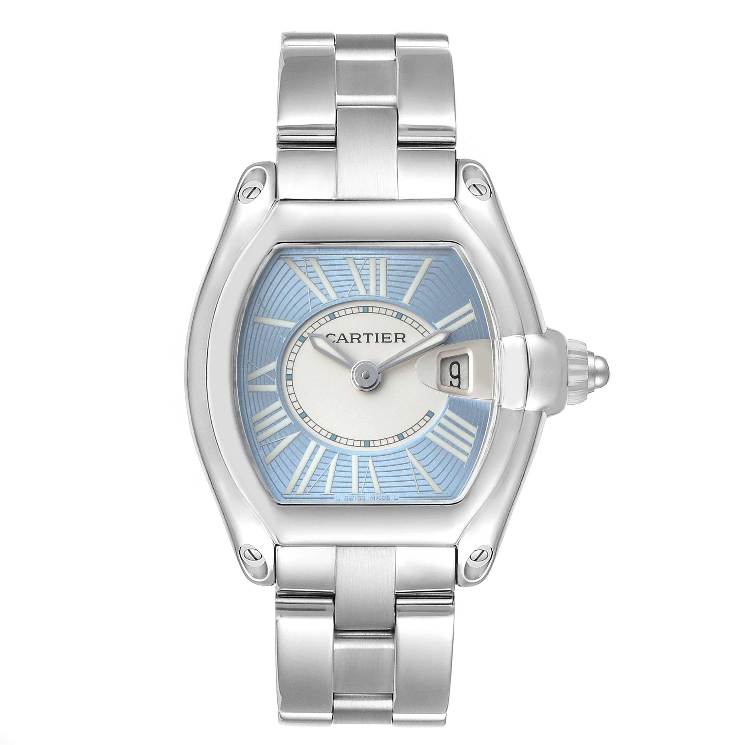 The Cartier Roadster W62053V3 Women's Stainless Steel Blue Dial watch is shown from a top-down angle, featuring its face, casing, and bracelet.