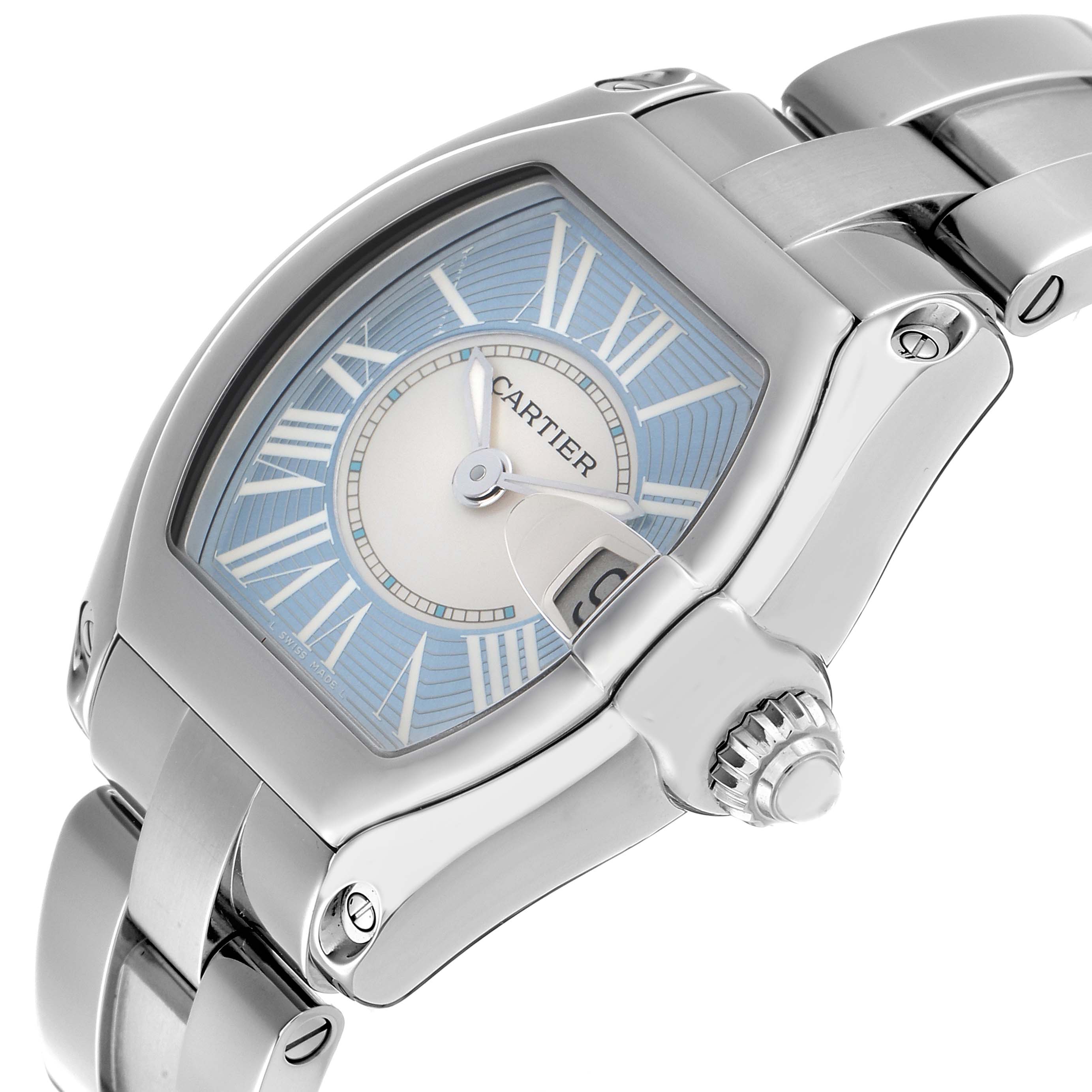 The Cartier Roadster W62053V3 Women's Stainless Steel Blue Dial watch is shown from an angled view featuring its dial, date window, and part of its bracelet.