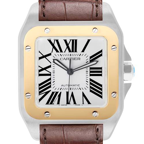 The Cartier Santos W20072X7 Men's Steel and Gold (two tone) Silver Dial watch is shown from the front, displaying its face, bezel, crown, and part of the leather strap.