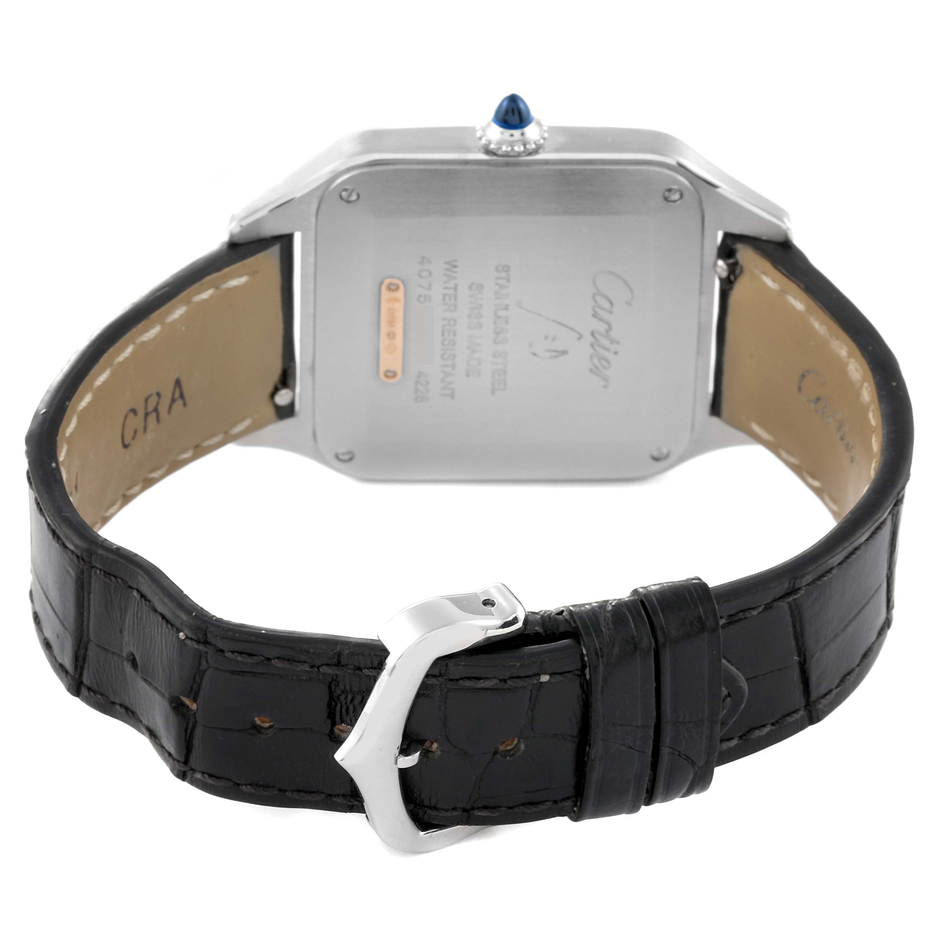 The image shows the back and clasp of a Cartier Santos Dumont W2SA0011 Men's Steel and Gold (two tone) Silver Dial W2SA0011 Men's Steel and Gold (two tone) Silver Dial watch, highlighting the strap and caseback.