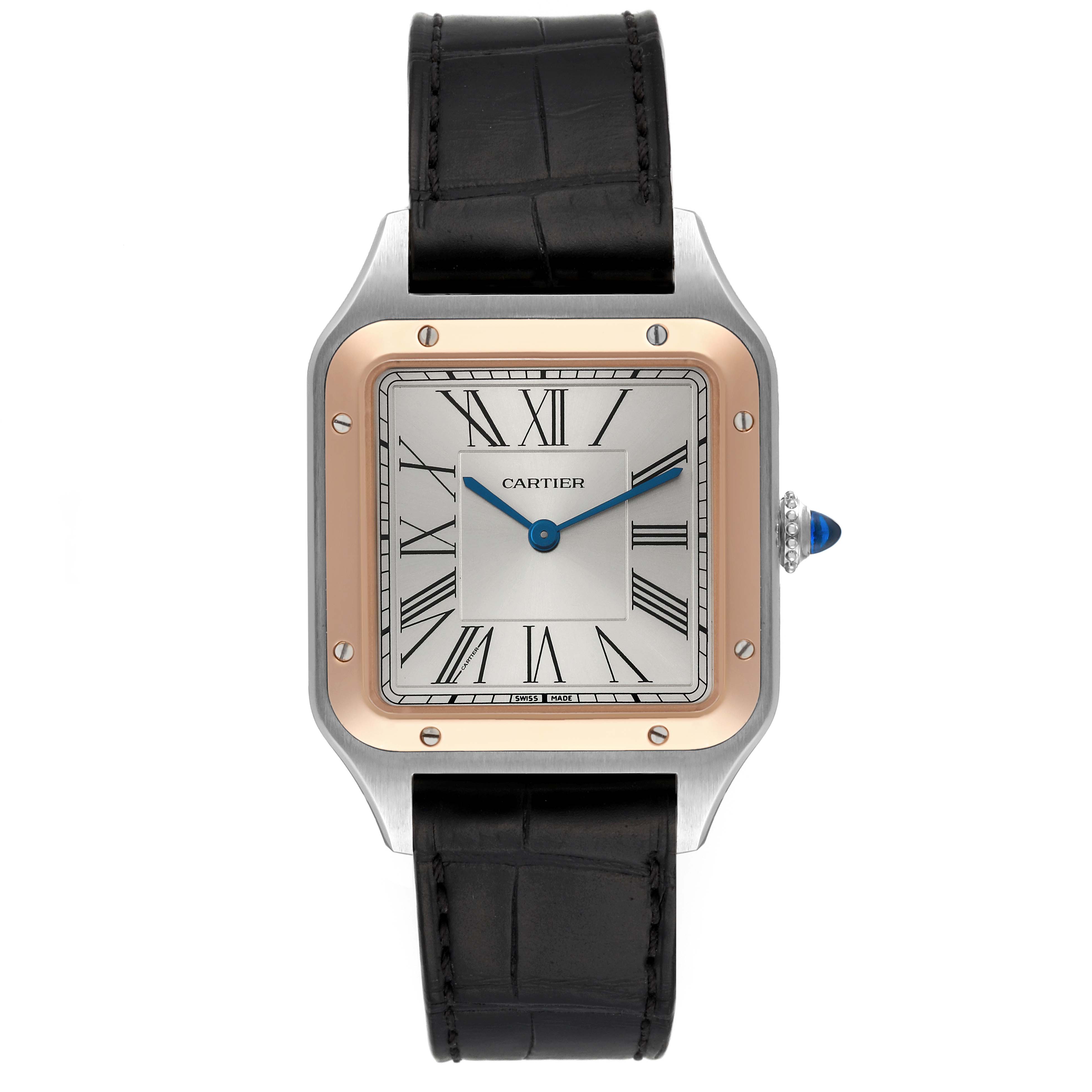 The image shows a front view of the Cartier Santos Dumont W2SA0011 Men's Steel and Gold (two tone) Silver Dial W2SA0011 Men's Steel and Gold (two tone) Silver Dial watch, highlighting its square face, Roman numerals, and leather strap.