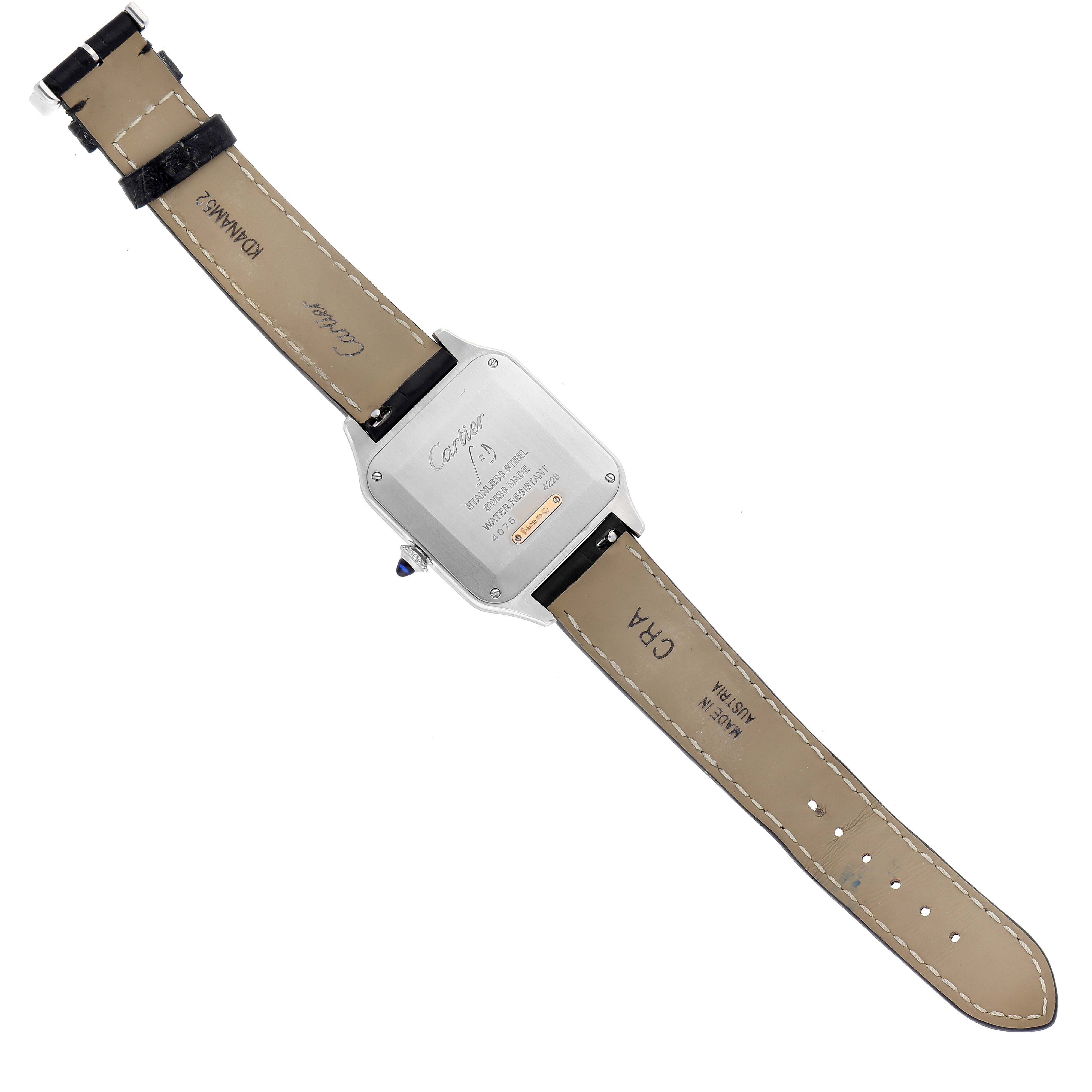 The image shows the back view of a Cartier Santos Dumont W2SA0011 Men's Steel and Gold (two tone) Silver Dial W2SA0011 Men's Steel and Gold (two tone) Silver Dial watch, displaying its case back and leather straps.