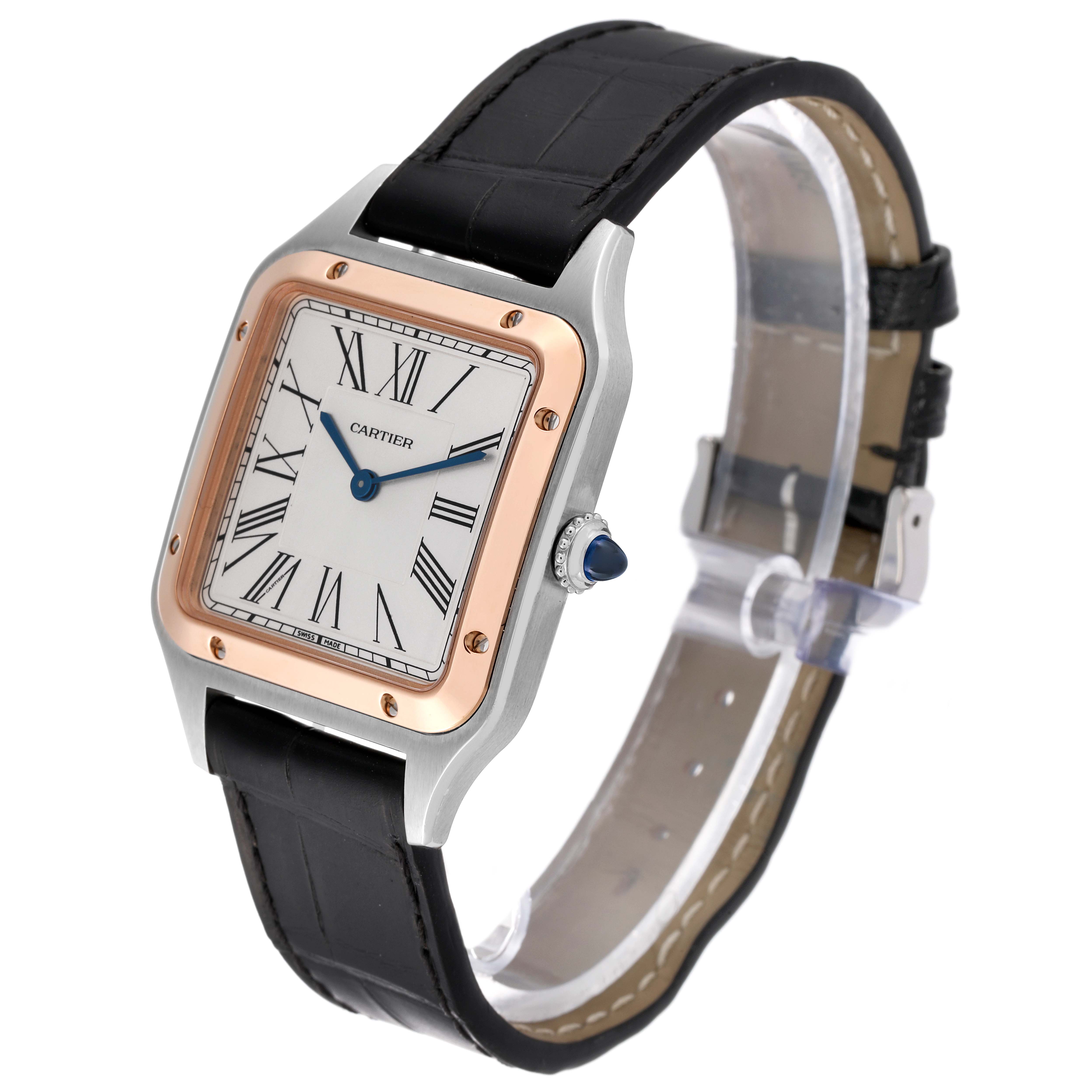 The image shows a Cartier Santos Dumont W2SA0011 Men's Steel and Gold (two tone) Silver Dial W2SA0011 Men's Steel and Gold (two tone) Silver Dial watch at an angled view with a black strap, gold bezel, and Roman numeral dial.