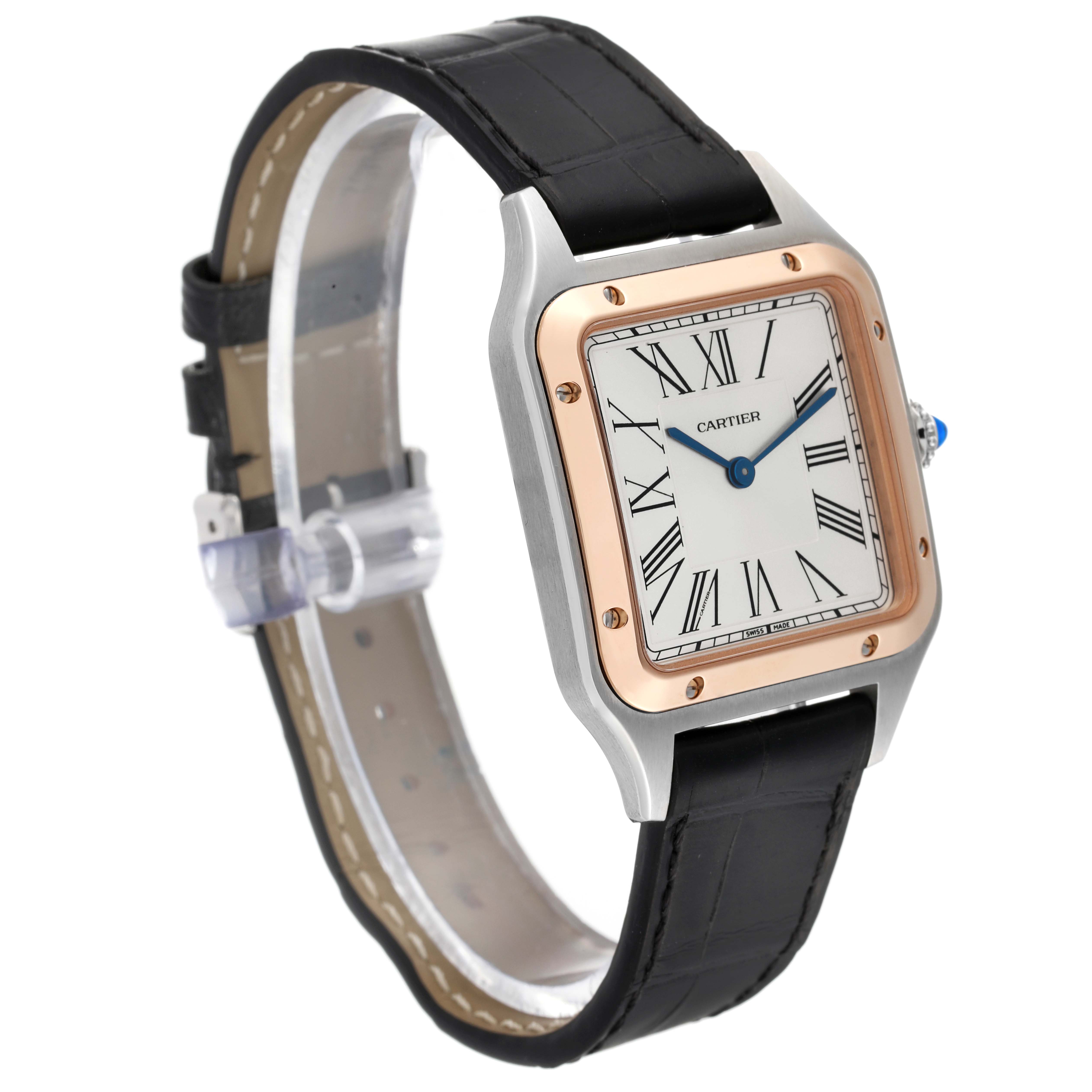 The Cartier Santos Dumont W2SA0011 Men's Steel and Gold (two tone) Silver Dial W2SA0011 Men's Steel and Gold (two tone) Silver Dial watch is shown at a three-quarter angle, highlighting its square face, Roman numerals, and black leather strap.