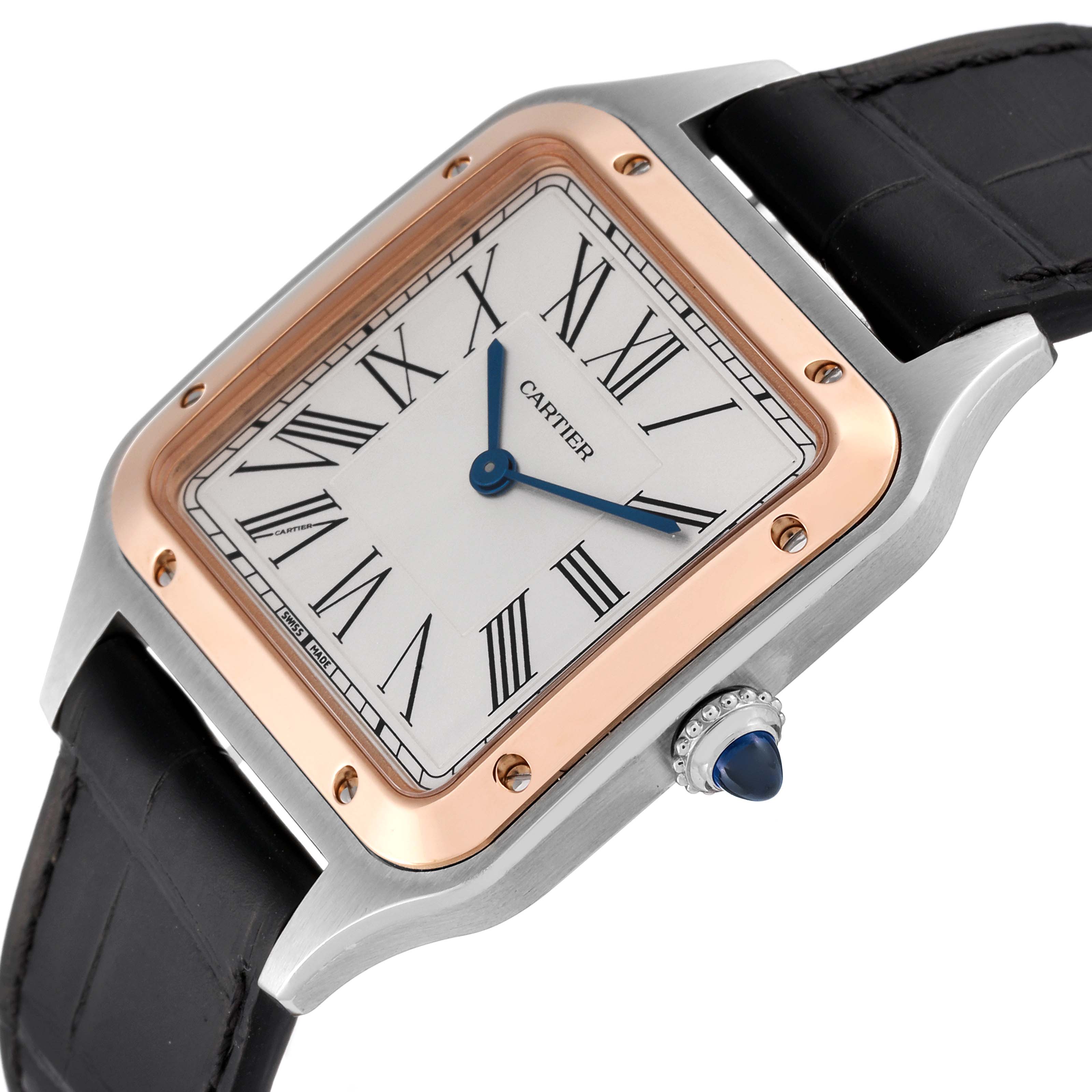 This image shows a close-up of a Cartier Santos Dumont W2SA0011 Men's Steel and Gold (two tone) Silver Dial W2SA0011 Men's Steel and Gold (two tone) Silver Dial watch, highlighting the face, bezel, crown, and leather strap at an angled view.