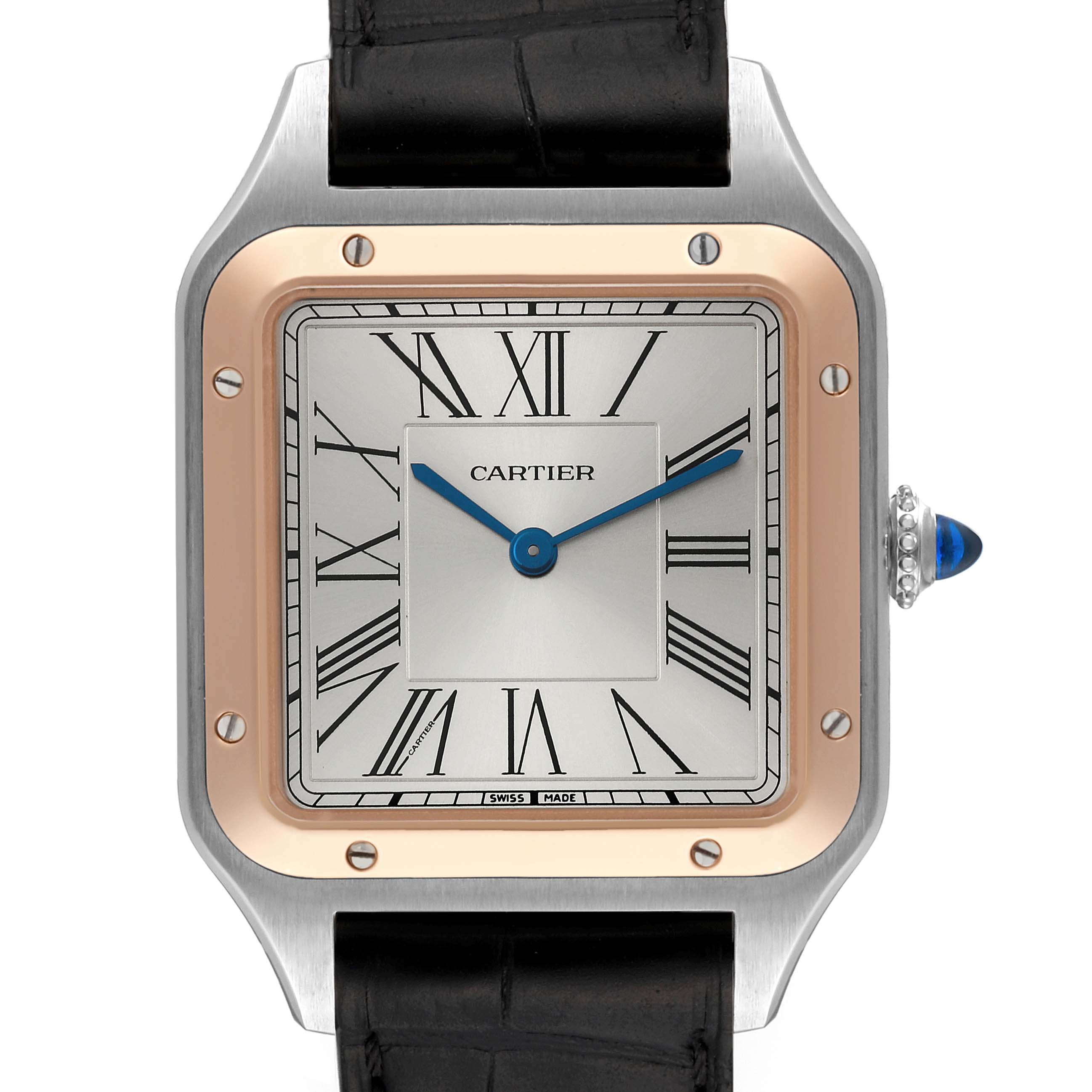 The image shows a front view of the Cartier Santos Dumont W2SA0011 Men's Steel and Gold (two tone) Silver Dial W2SA0011 Men's Steel and Gold (two tone) Silver Dial watch, highlighting its square face, Roman numerals, and leather strap.