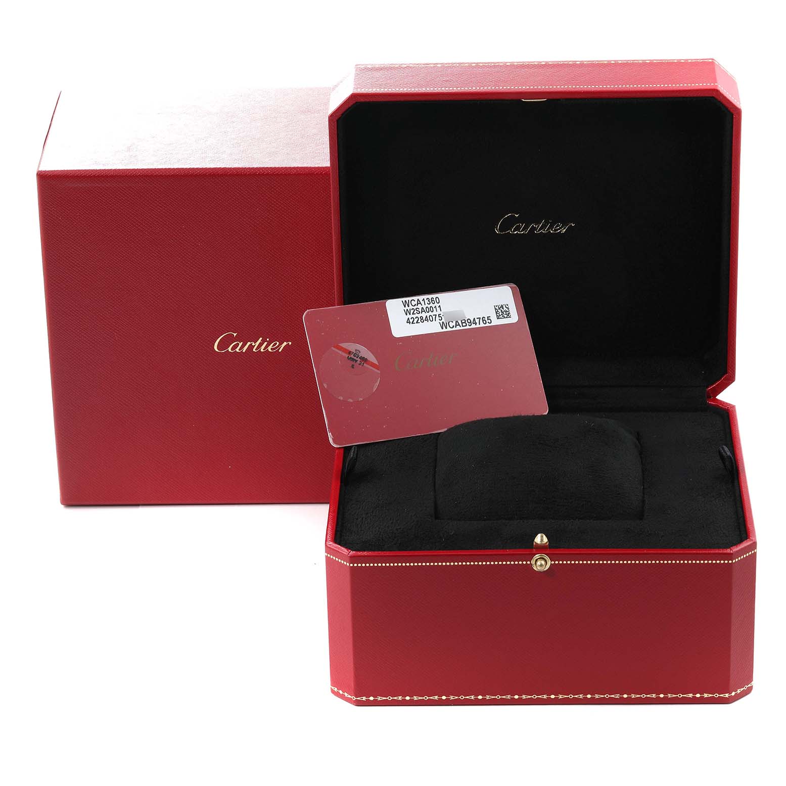 The image shows a Cartier Santos Dumont W2SA0011 Men's Steel and Gold (two tone) Silver Dial W2SA0011 Men's Steel and Gold (two tone) Silver Dial watch box and card at a front angle.