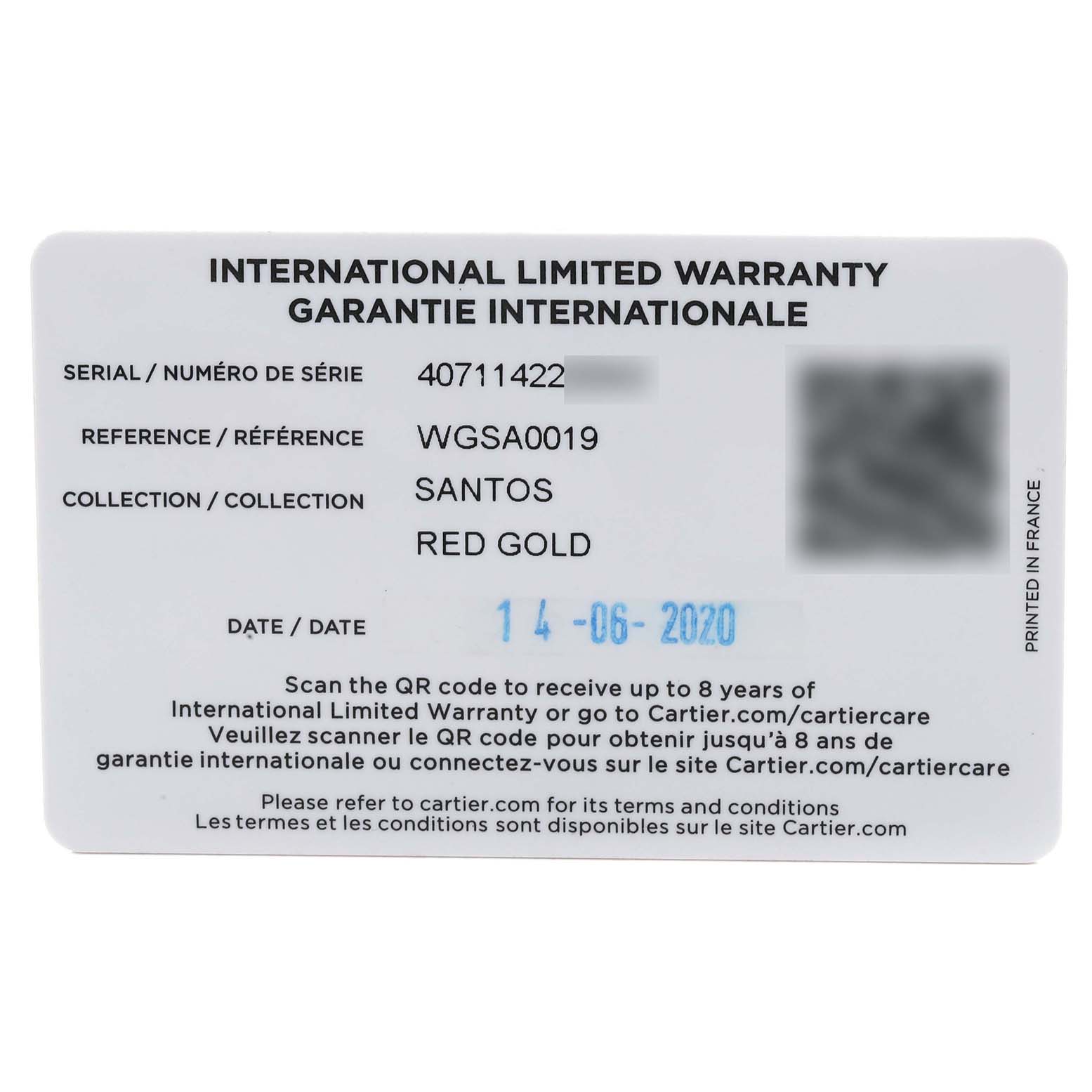 The image shows the international limited warranty card for the Santos model by Cartier in red gold.