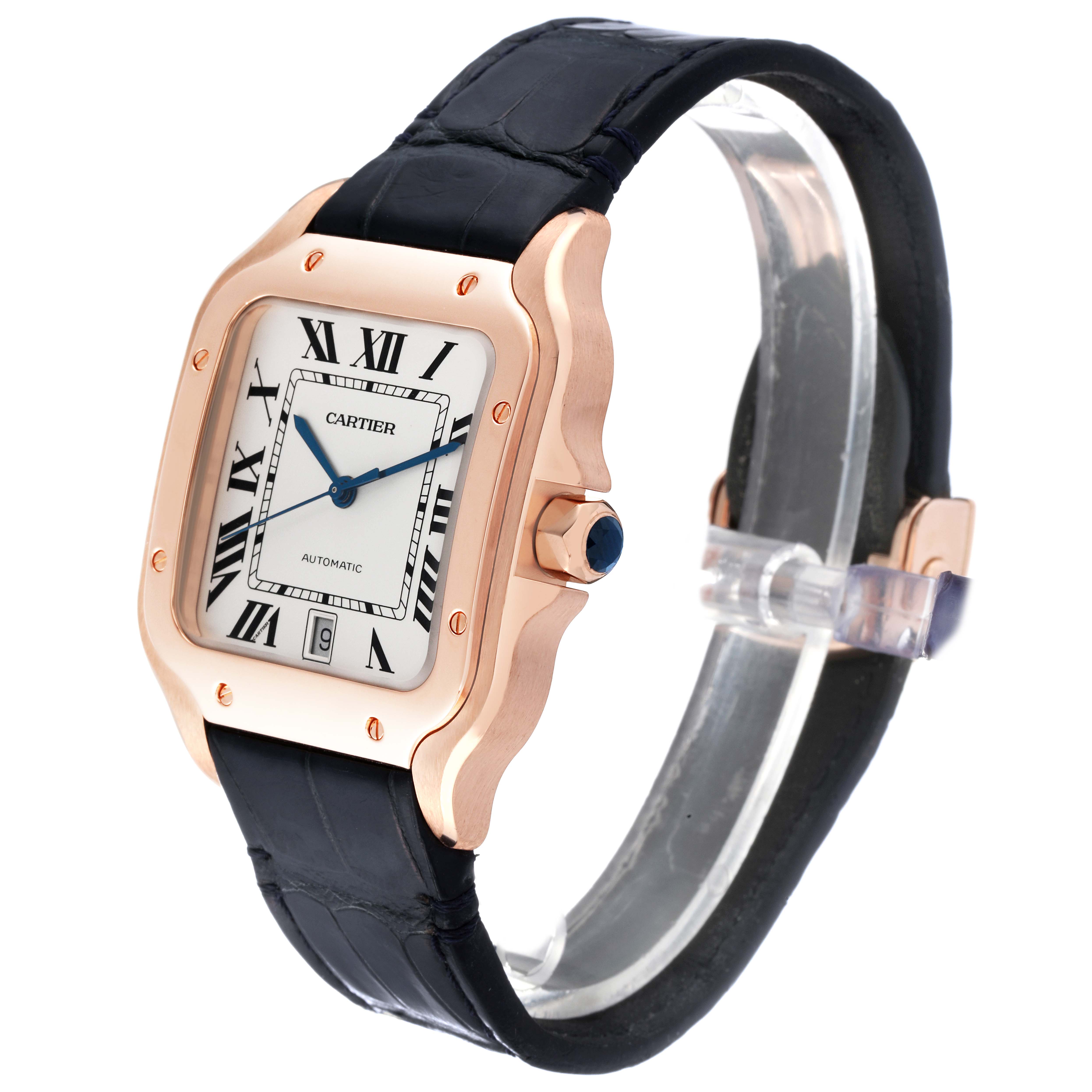 The image shows a Cartier Santos WGSA0019 Men's Rose Gold Silver Dial WGSA0019 Men's Rose Gold Silver Dial watch from an angled side view, highlighting the face, bezel, and strap.