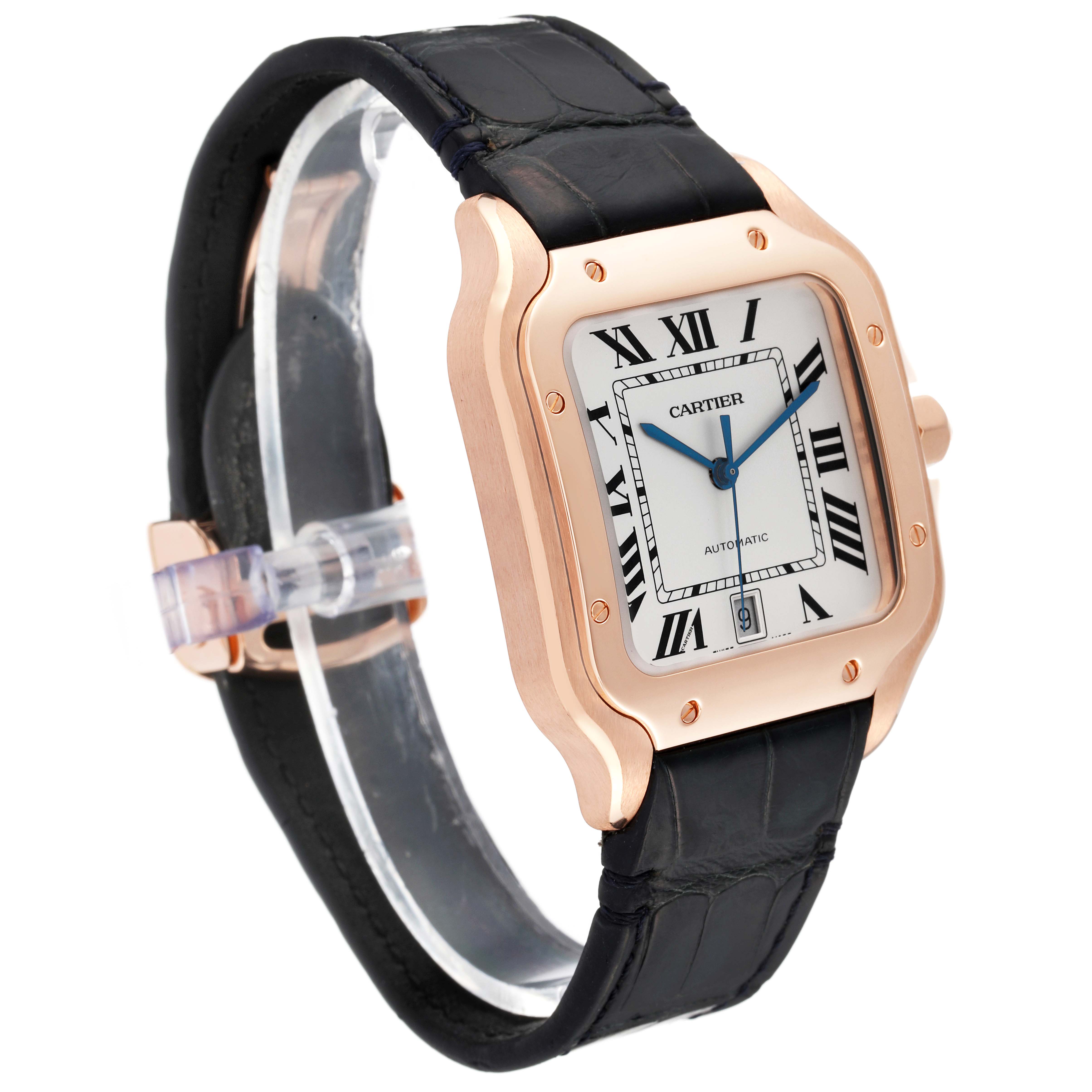 The image shows a side and front angle of the Cartier Santos WGSA0019 Men's Rose Gold Silver Dial WGSA0019 Men's Rose Gold Silver Dial watch, highlighting its face, bezel, and leather band.