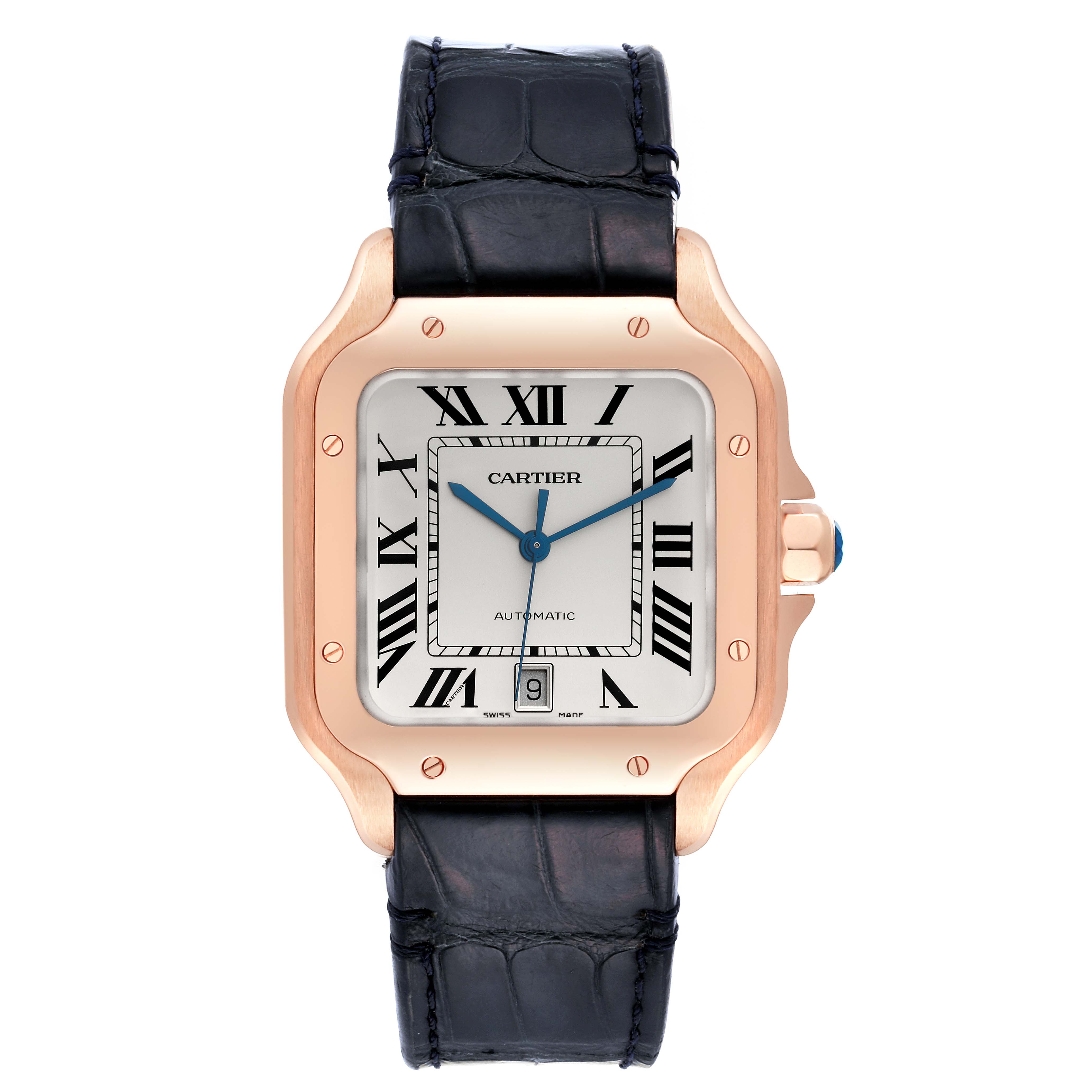The image shows a front view of the Cartier Santos WGSA0019 Men's Rose Gold Silver Dial WGSA0019 Men's Rose Gold Silver Dial watch, highlighting the dial, case, crown, and strap.