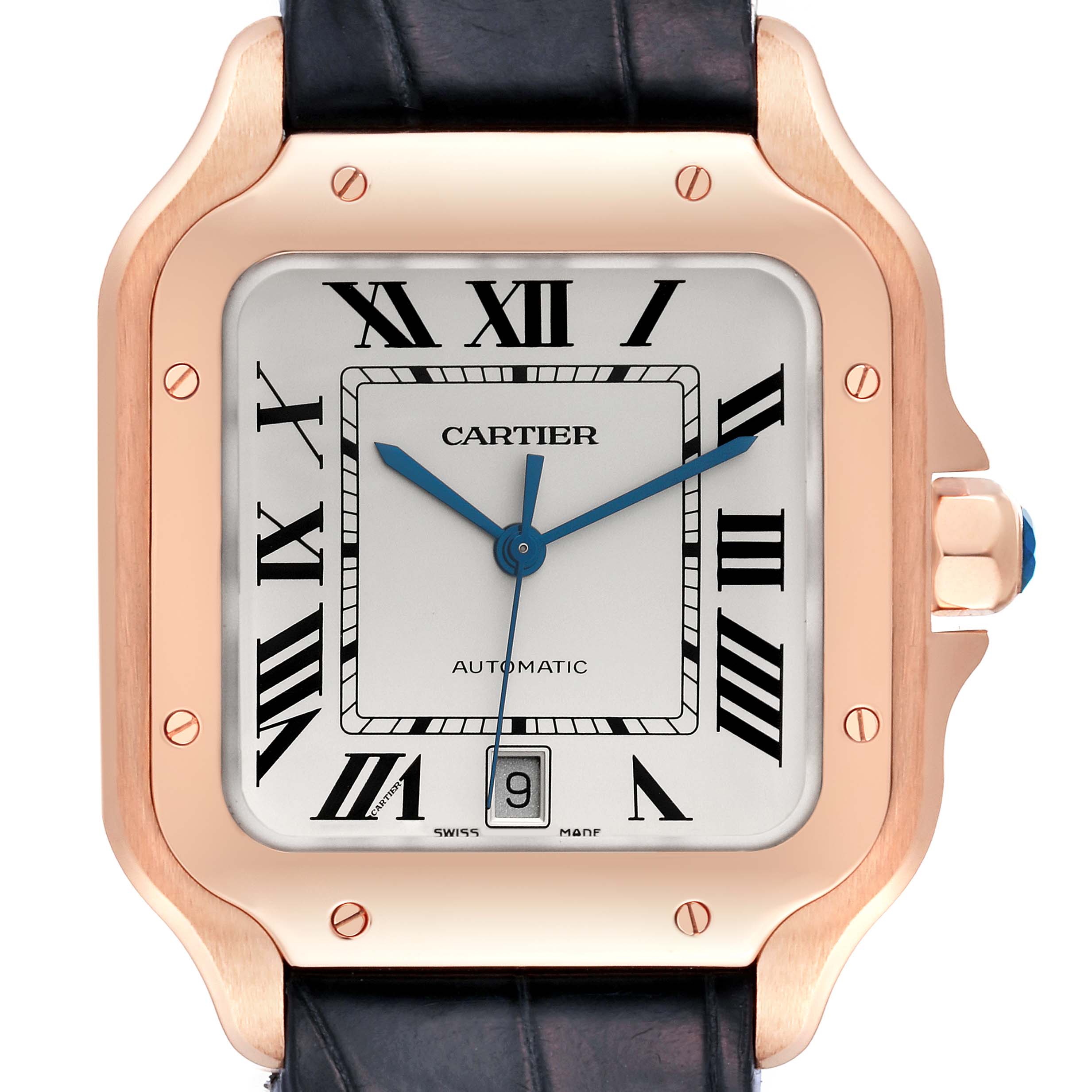 This image shows a close-up view of the dial and bezel of a Cartier Santos WGSA0019 Men's Rose Gold Silver Dial WGSA0019 Men's Rose Gold Silver Dial watch, highlighting its Roman numerals and date display.