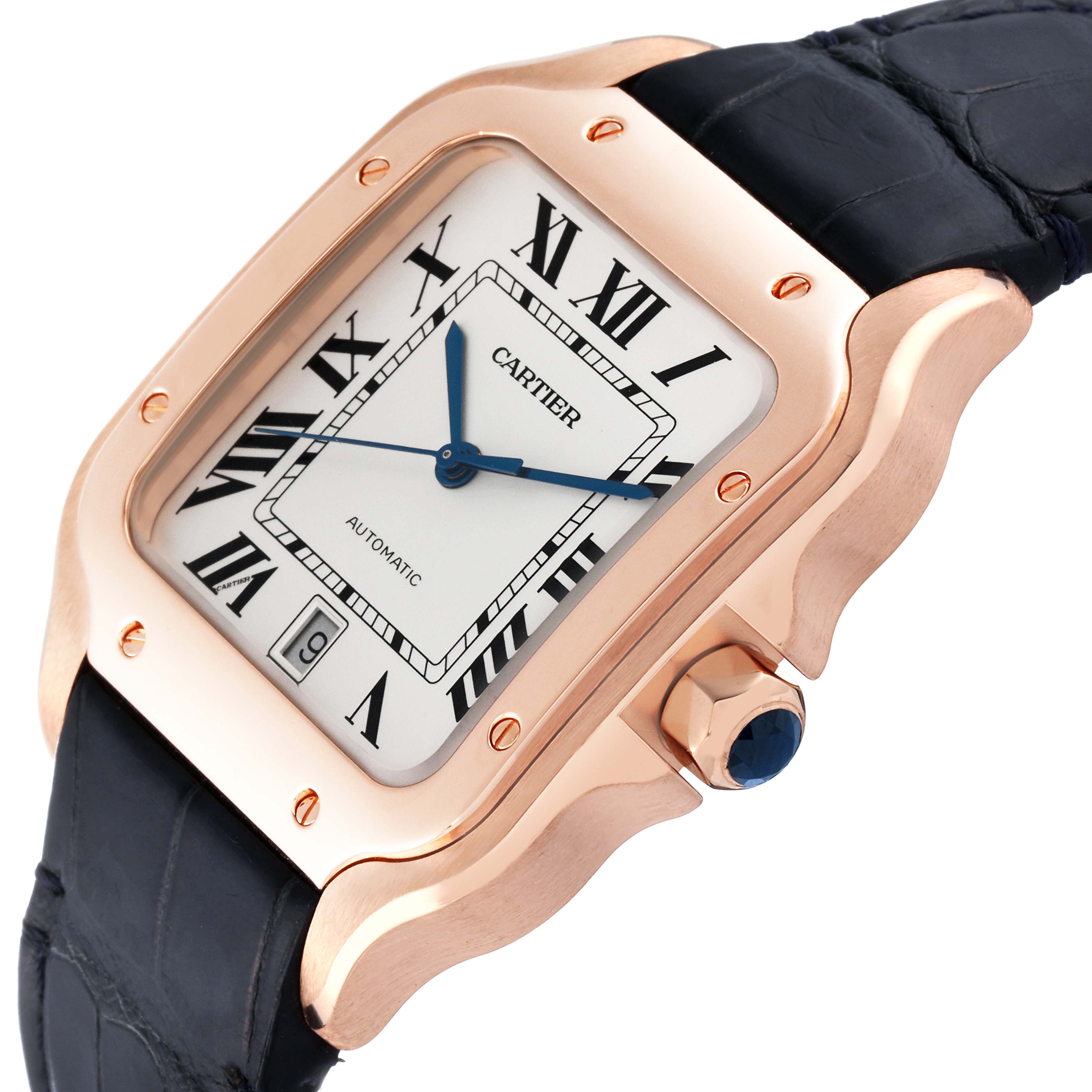 The Cartier Santos WGSA0019 Men's Rose Gold Silver Dial WGSA0019 Men's Rose Gold Silver Dial watch is shown from an angled view, displaying its rose gold case, roman numeral dial, blue hands, and black leather strap.