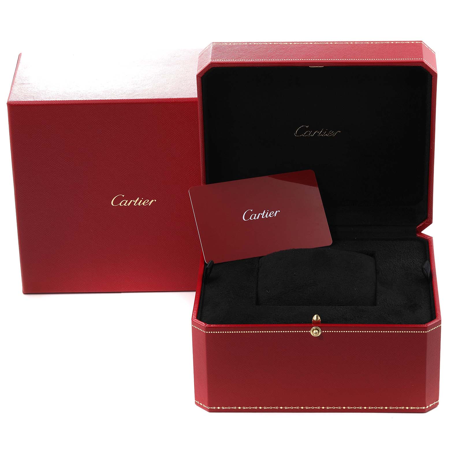 This image shows the packaging and box for a Santos model watch by Cartier, including an open case and a Cartier card.