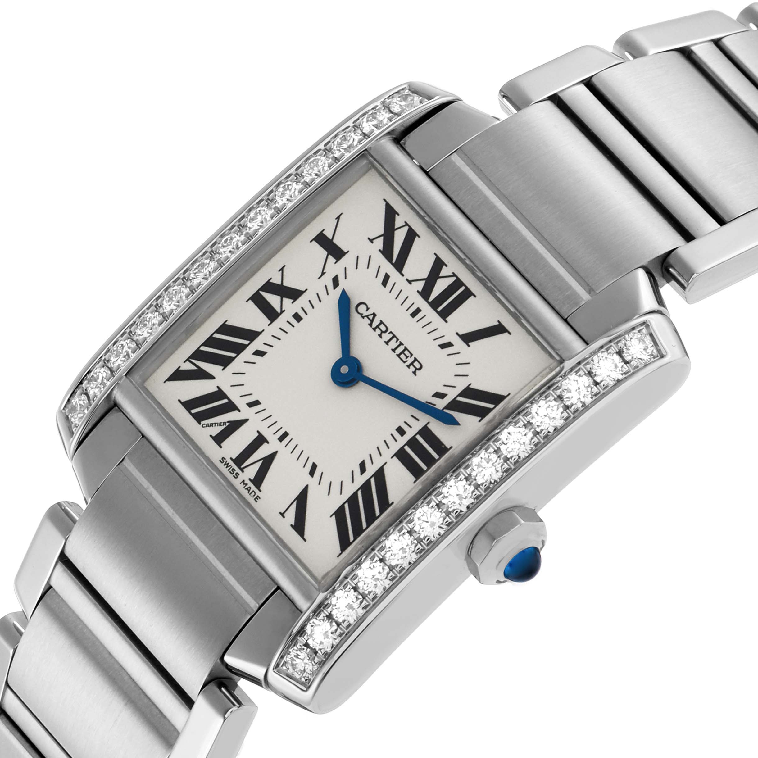 The Cartier Tank Francaise W4TA0009 Women's Stainless Steel Silver Dial watch is shown at an angle highlighting its rectangular face, Roman numerals, and diamond-accented bezel.
