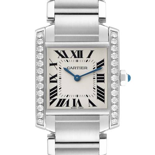 The Cartier Tank Française watch is shown from the front, highlighting the face, bracelet, and diamond accents.