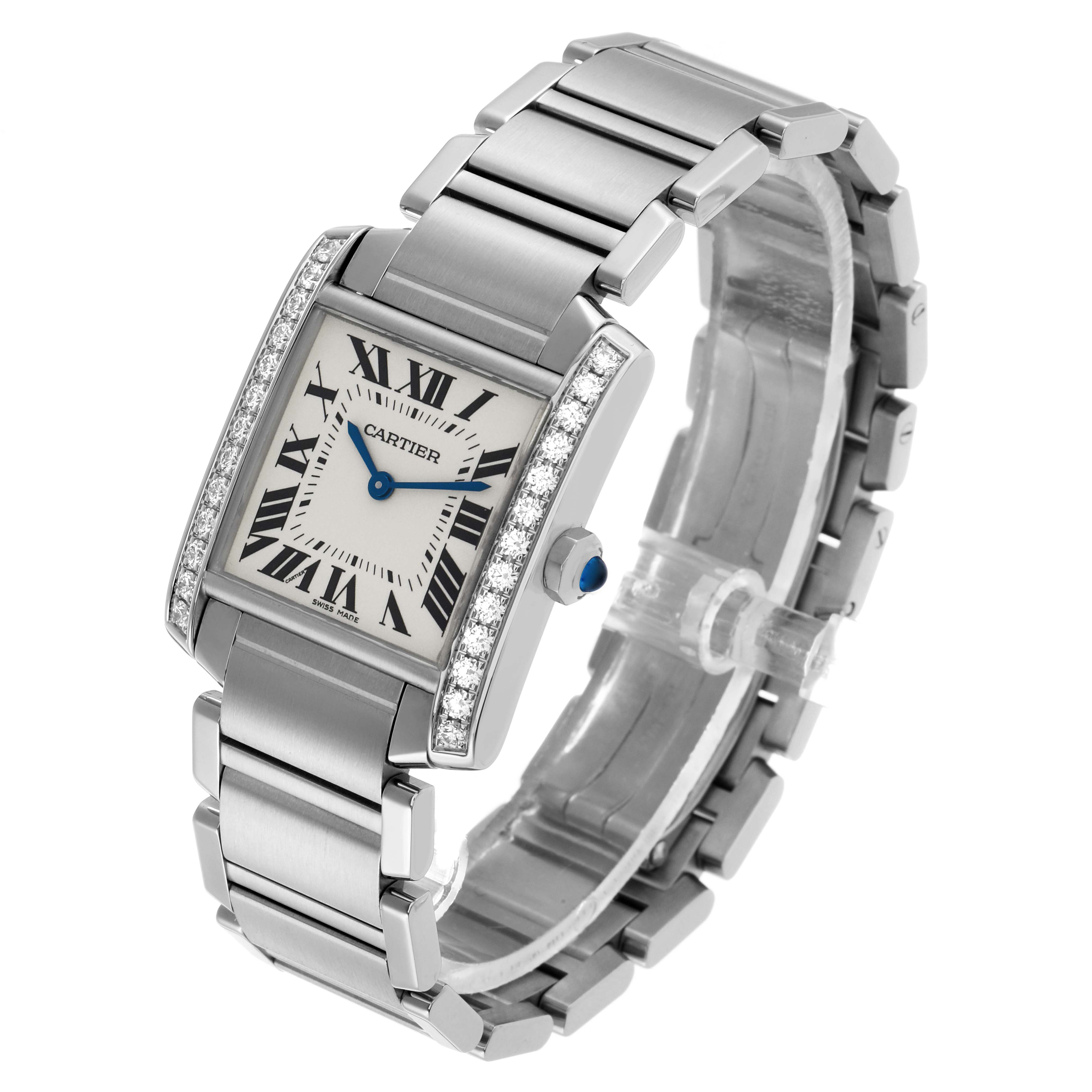 The Cartier Tank Francaise W4TA0009 Women's Stainless Steel Silver Dial watch is shown at a three-quarter angle, highlighting the face, diamond-set case, and metal bracelet.