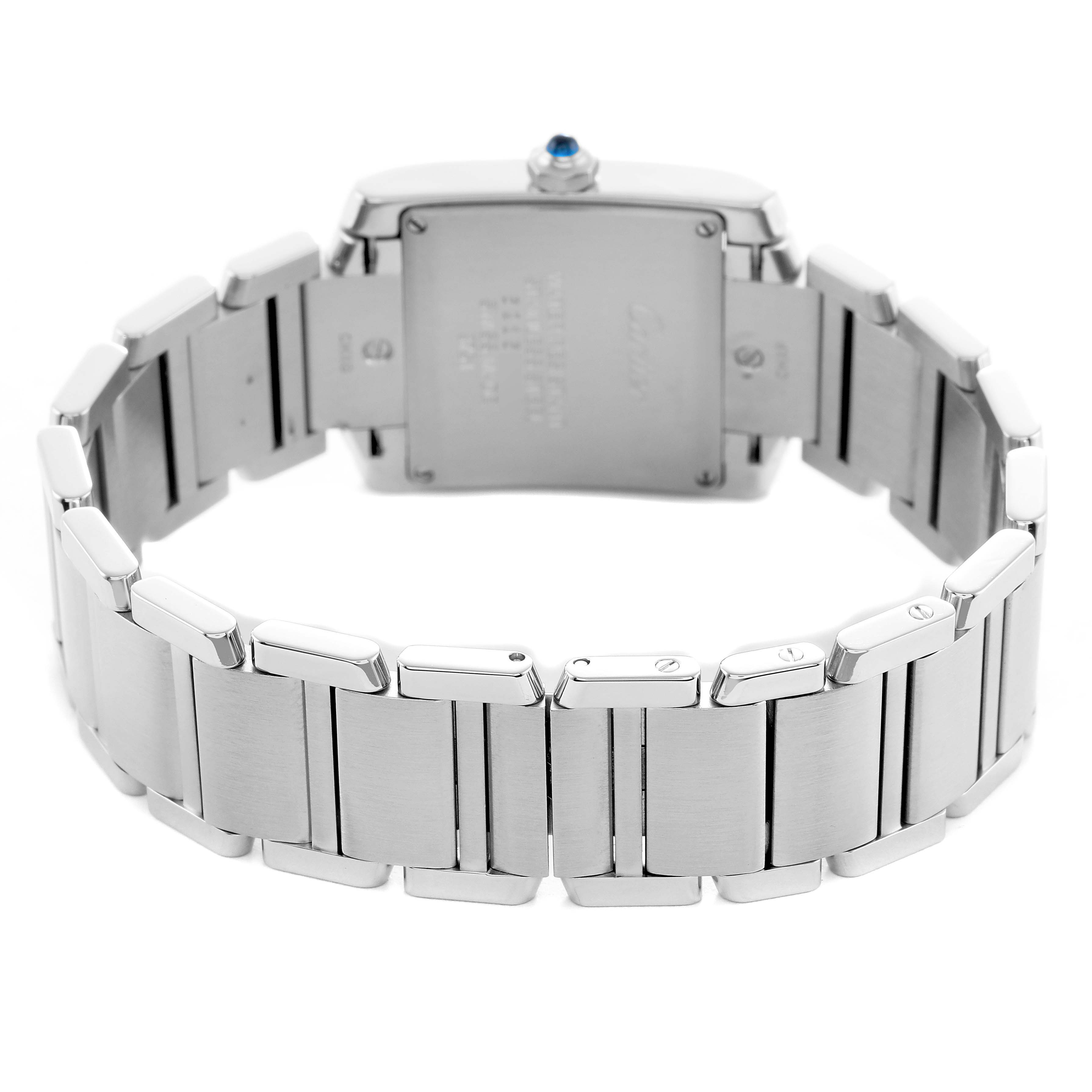 The Cartier Tank Française watch is shown from the back, highlighting its case, bracelet, and clasp details.