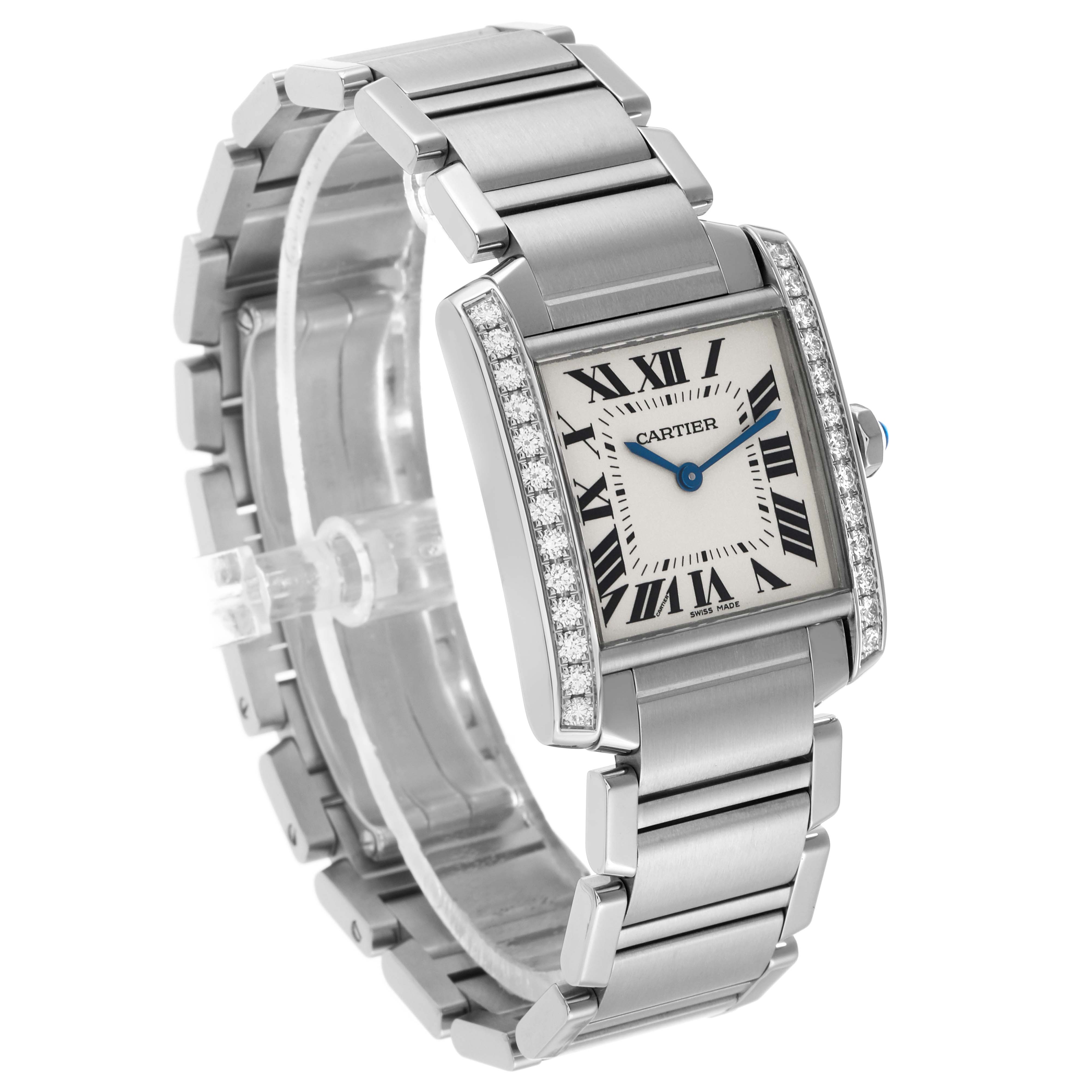 The Cartier Tank Francaise W4TA0009 Women's Stainless Steel Silver Dial watch is shown from a left-front angle, highlighting its metallic bracelet, square face, and diamond-accented bezel.