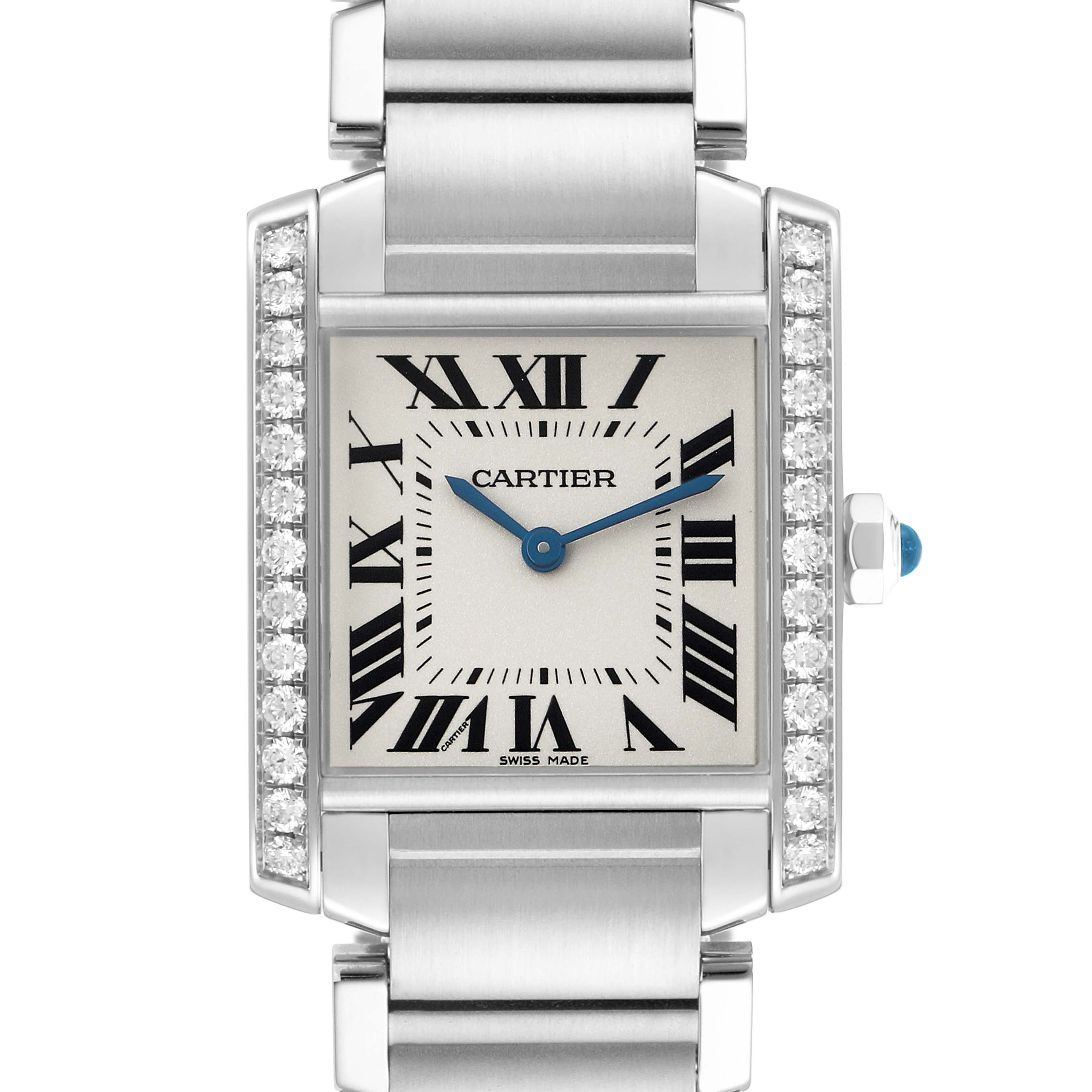 The Cartier Tank Francaise W4TA0009 Women's Stainless Steel Silver Dial watch is shown from the front, featuring its dial, Roman numerals, bracelet, and diamond-set bezel.