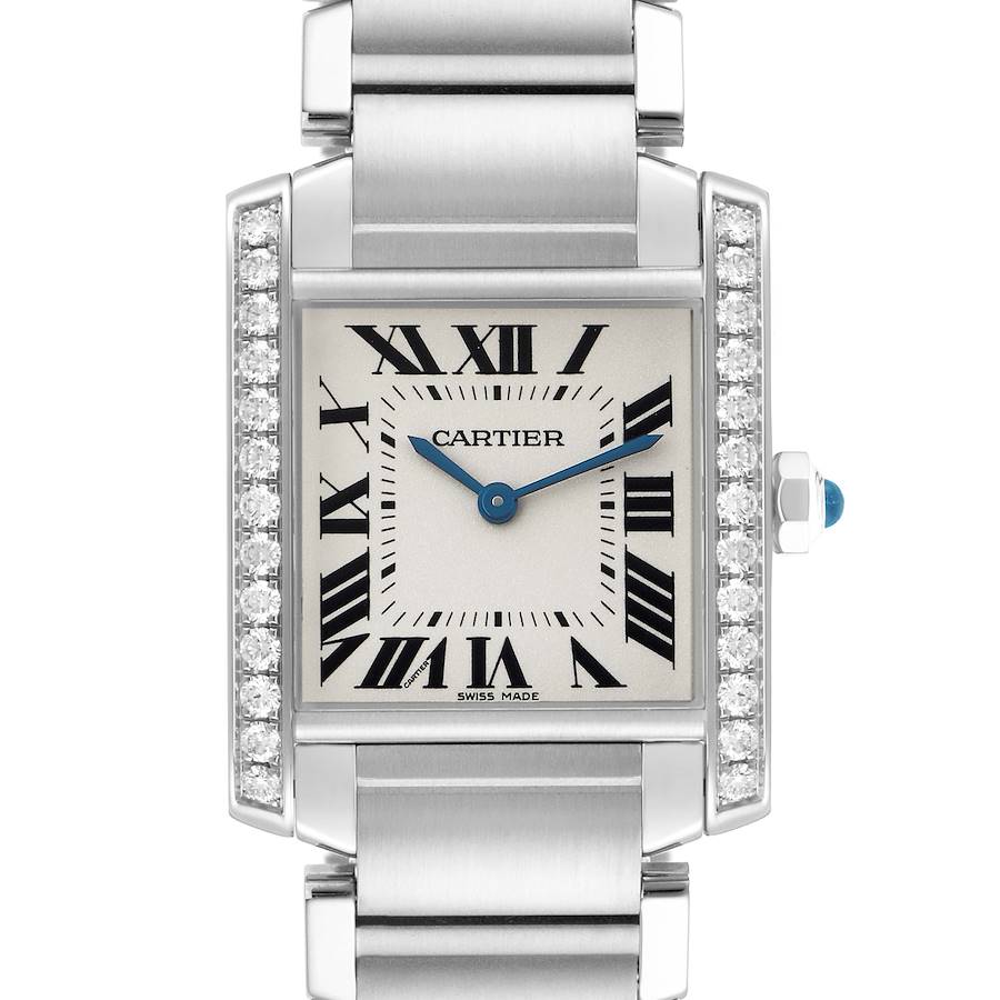 The Cartier Tank Francaise W4TA0009 Women's Stainless Steel Silver Dial watch is shown from the front, featuring its dial, Roman numerals, bracelet, and diamond-set bezel.