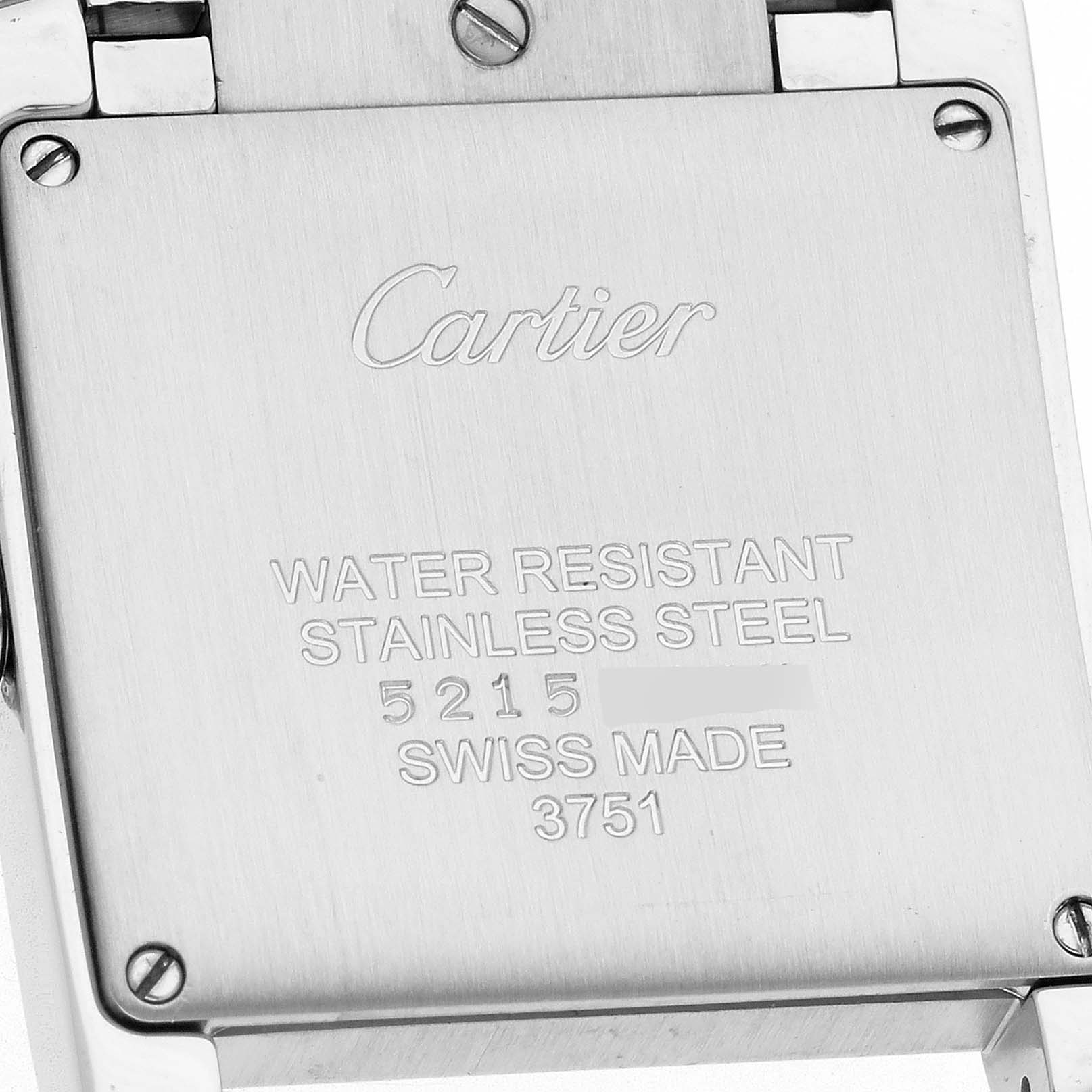 The image shows the back case of a Cartier Tank Française, highlighting markings and screws.