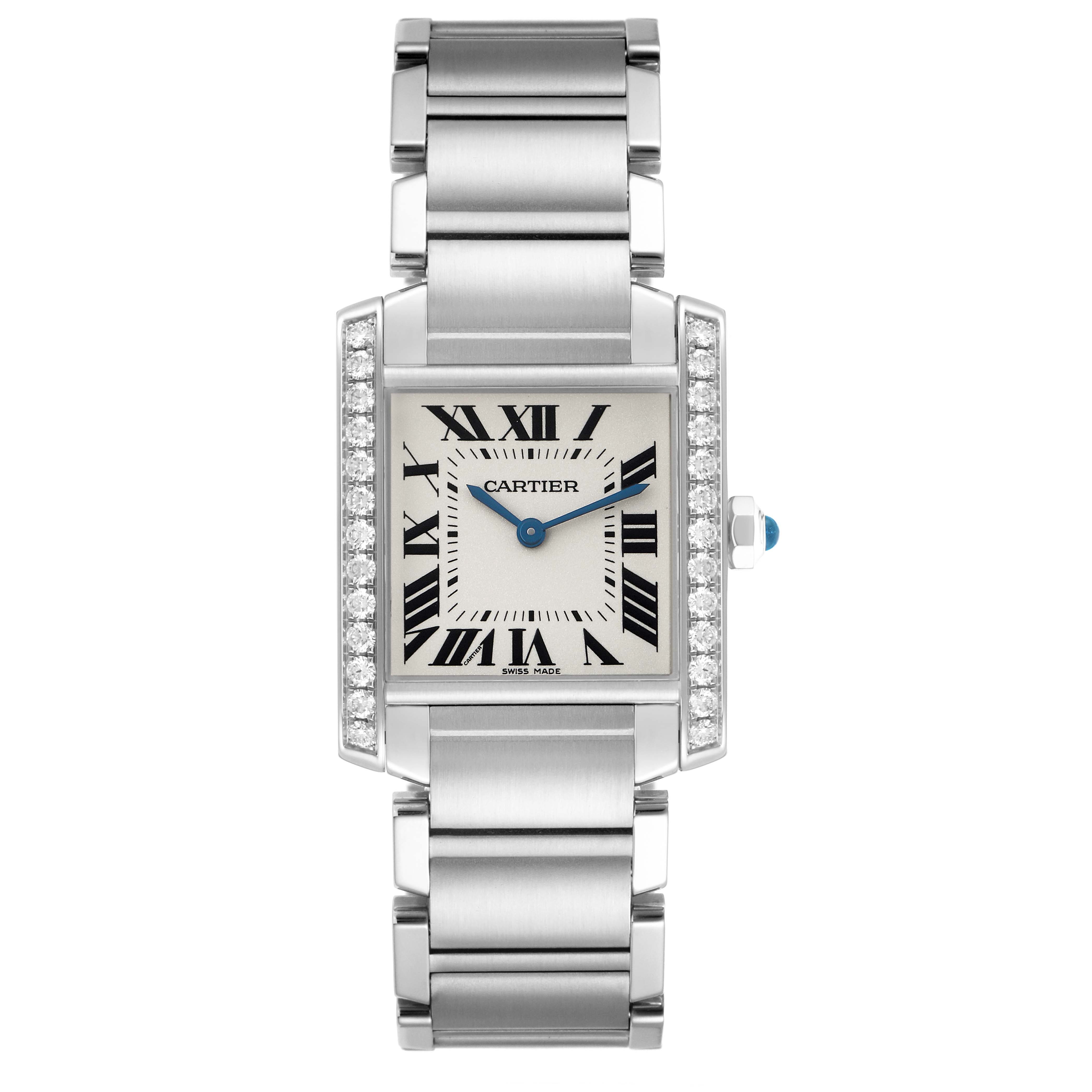 The Cartier Tank Française watch is shown from the front, highlighting its rectangular face, bracelet, and diamond details.