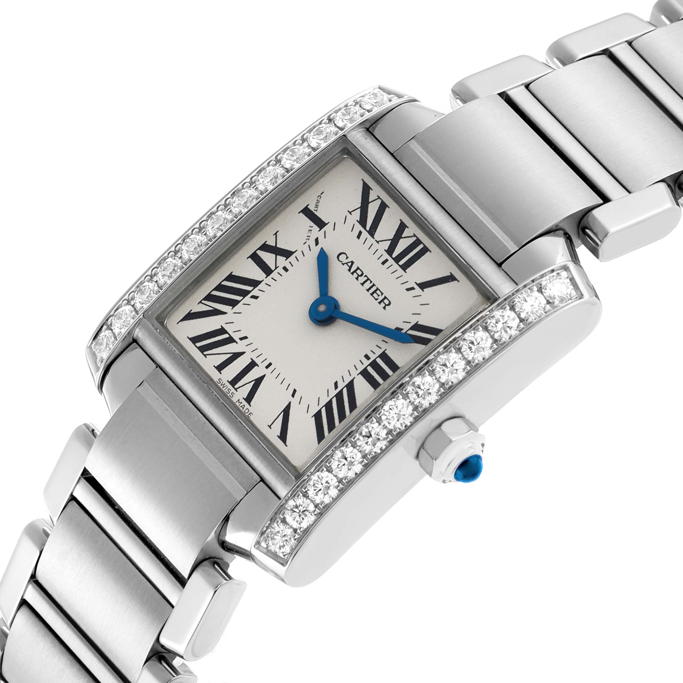 The Cartier Tank Française watch is shown at an angled view, highlighting its rectangular face, diamond-set bezel, and silver bracelet.