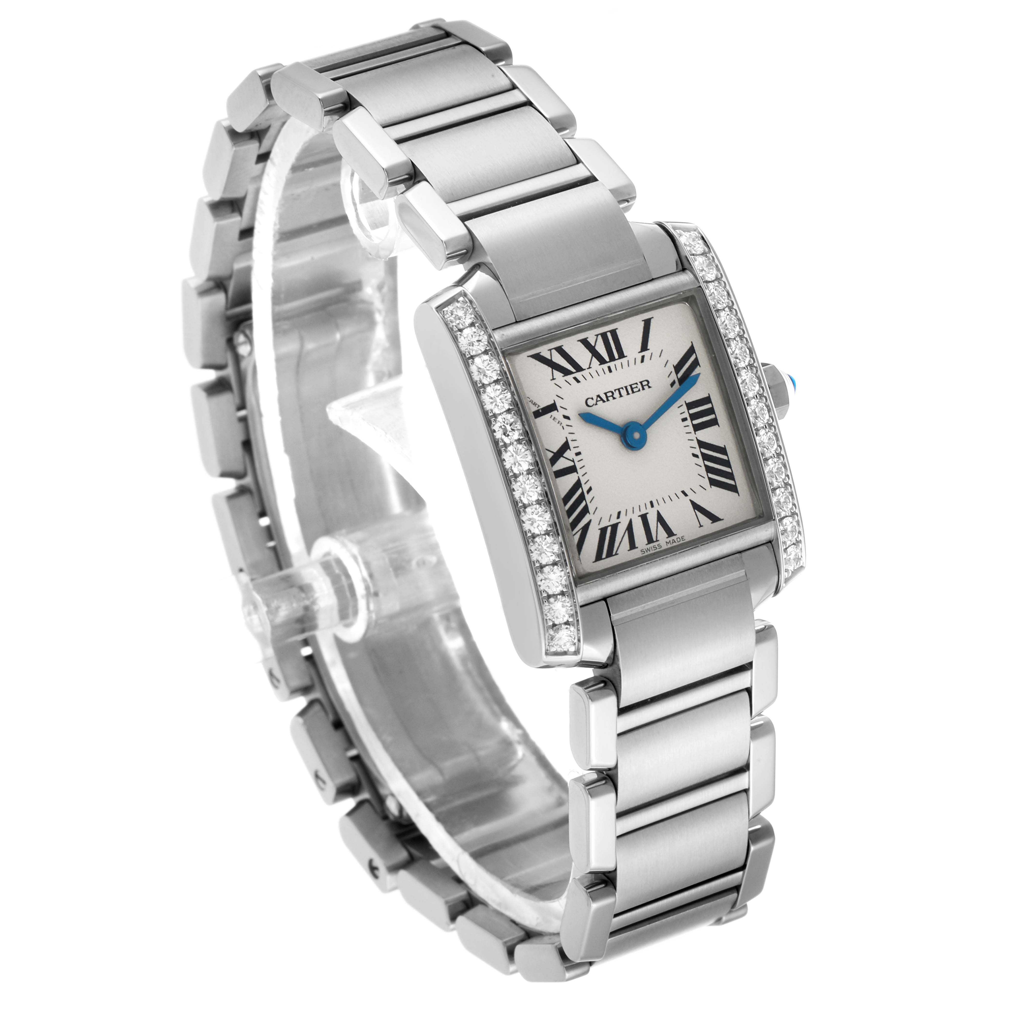 The Cartier Tank Francaise W4TA0008 Women's Stainless Steel Silver Dial watch is displayed at a three-quarter angle, showing the face, bracelet, and diamond-set bezel.