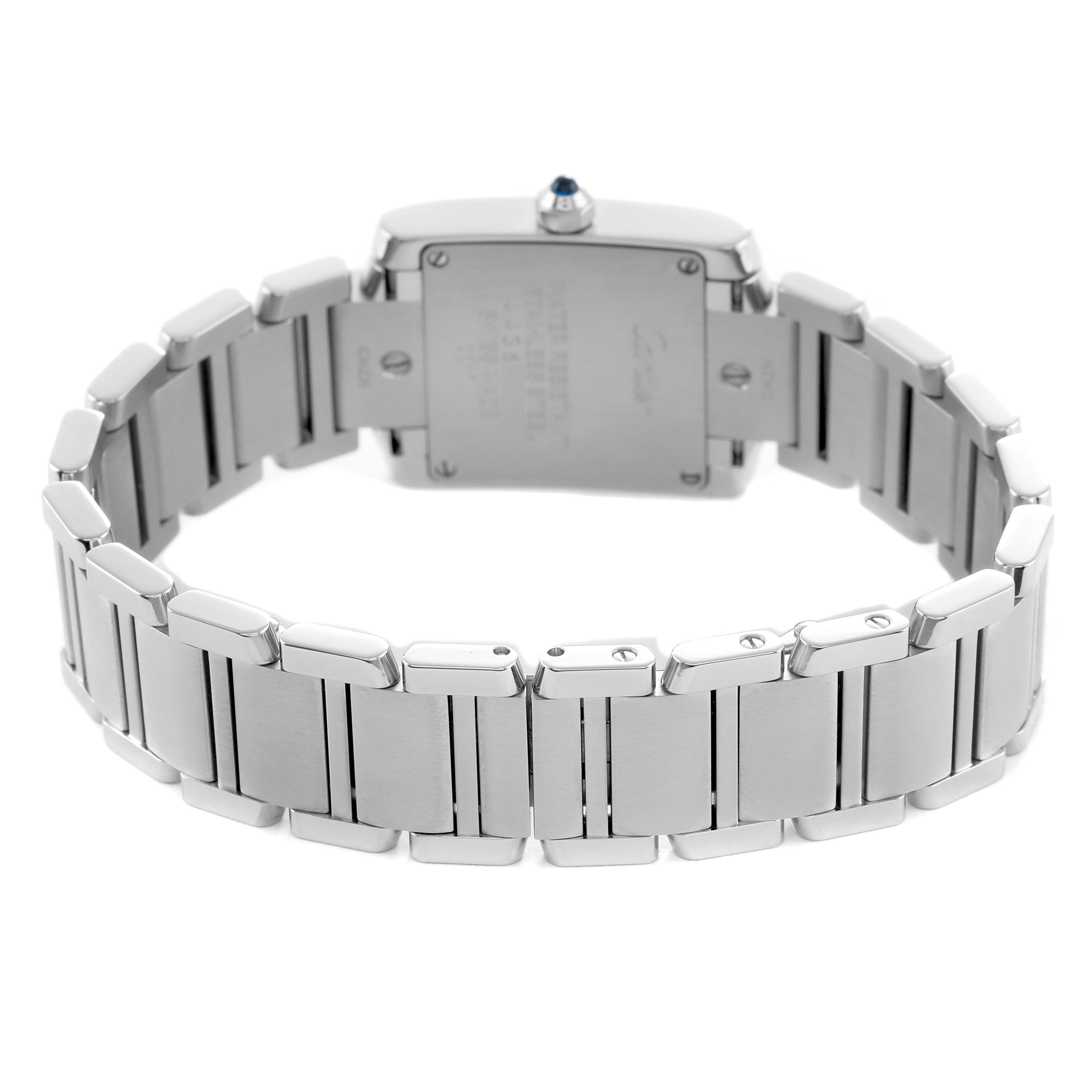 The Cartier Tank Française watch is shown from the back, featuring the case back and bracelet links.