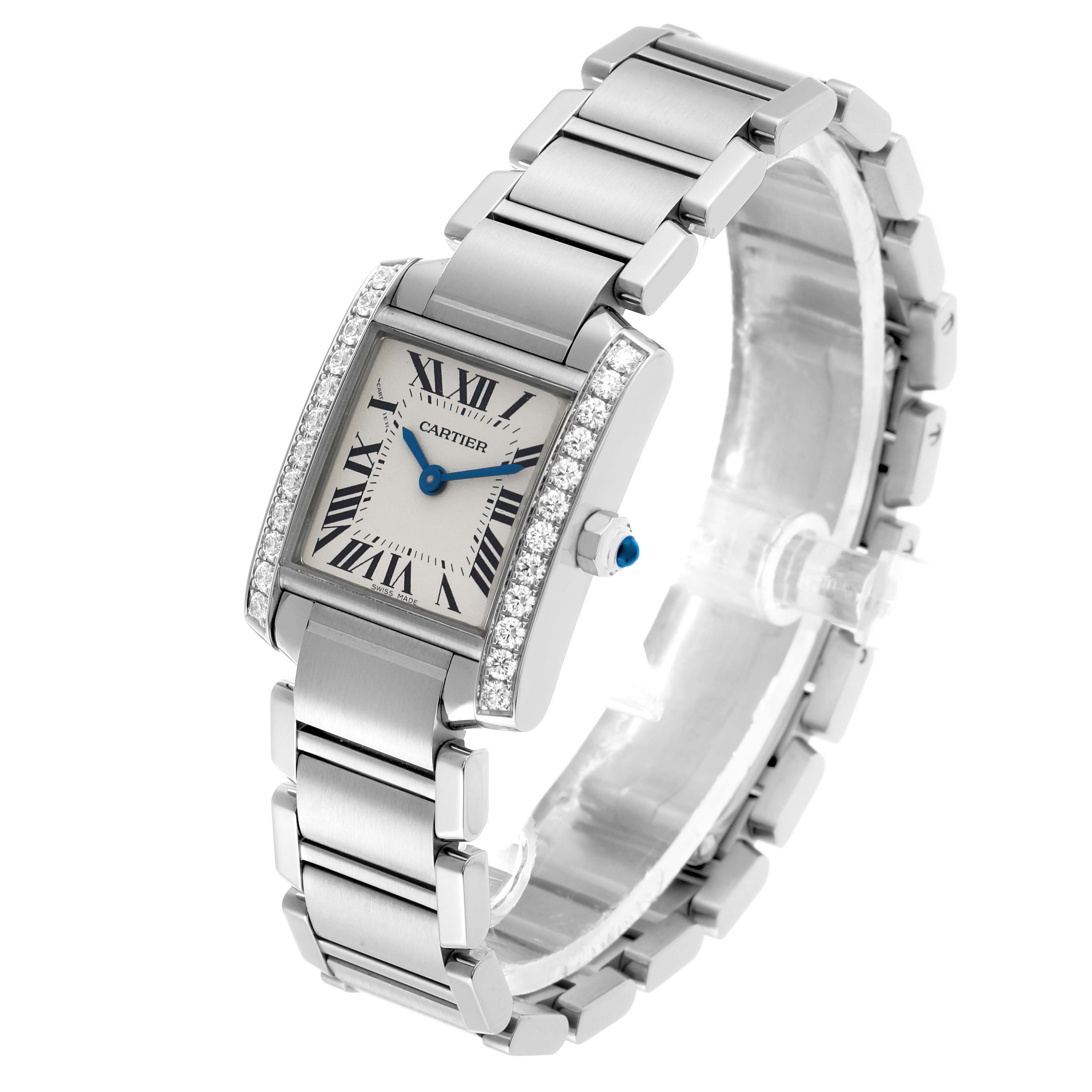 The Cartier Tank Francaise W4TA0008 Women's Stainless Steel Silver Dial watch is shown at a slight angle from above, highlighting the face, bracelet, and crown.