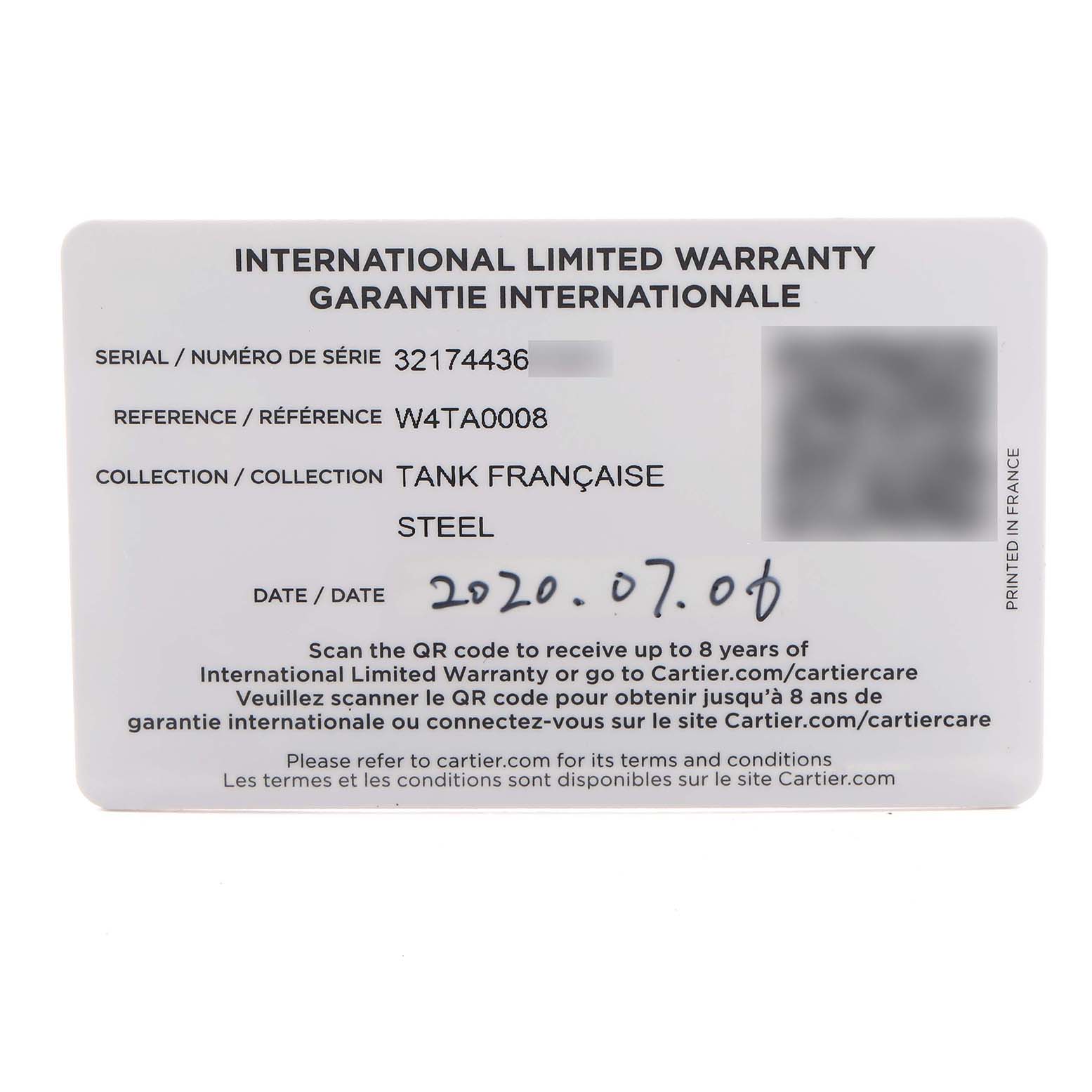 The image shows an International Limited Warranty card for the Cartier Tank Française watch model.