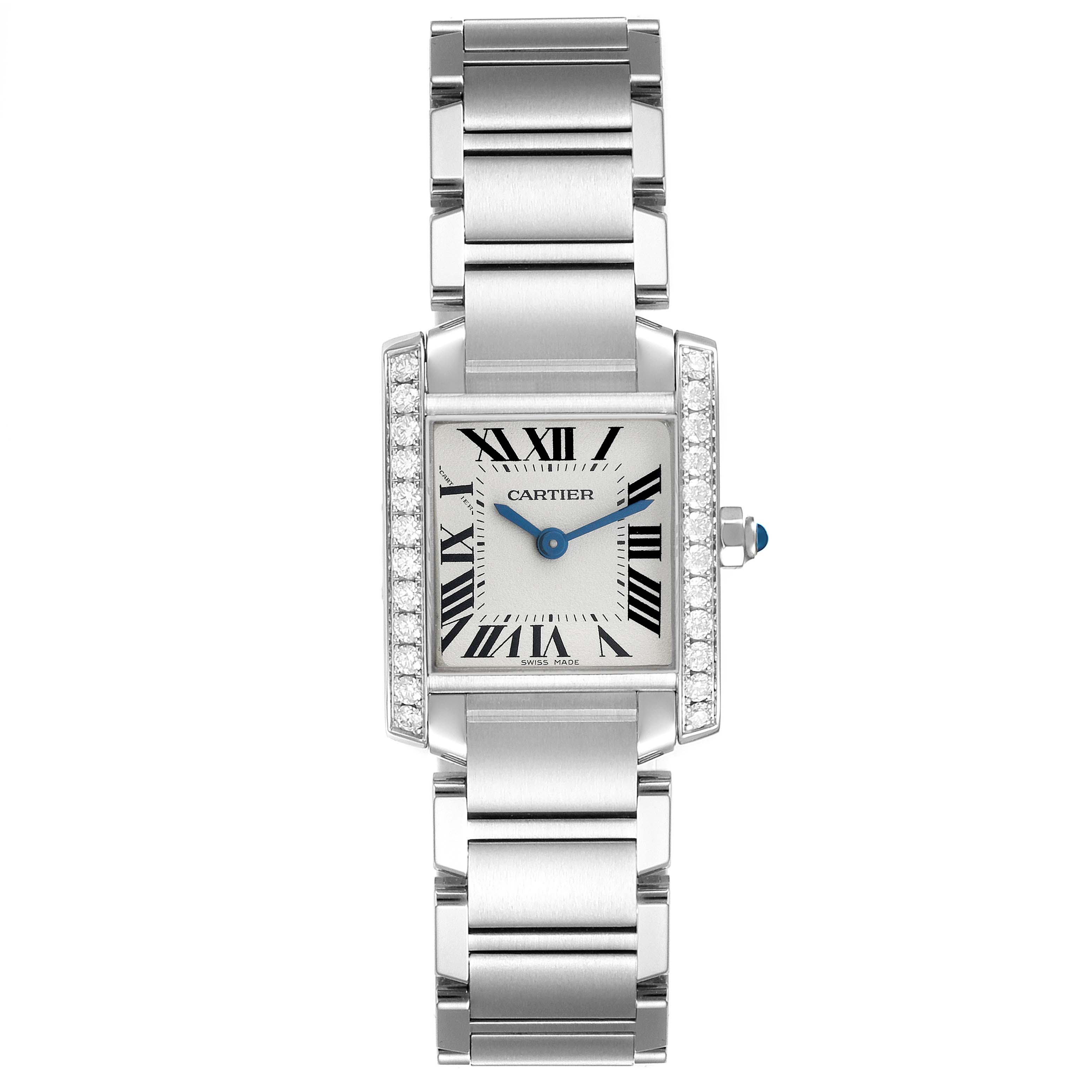 The Cartier Tank Francaise W4TA0008 Women's Stainless Steel Silver Dial watch is shown from a top-down angle, highlighting its face, bracelet, and side crown.