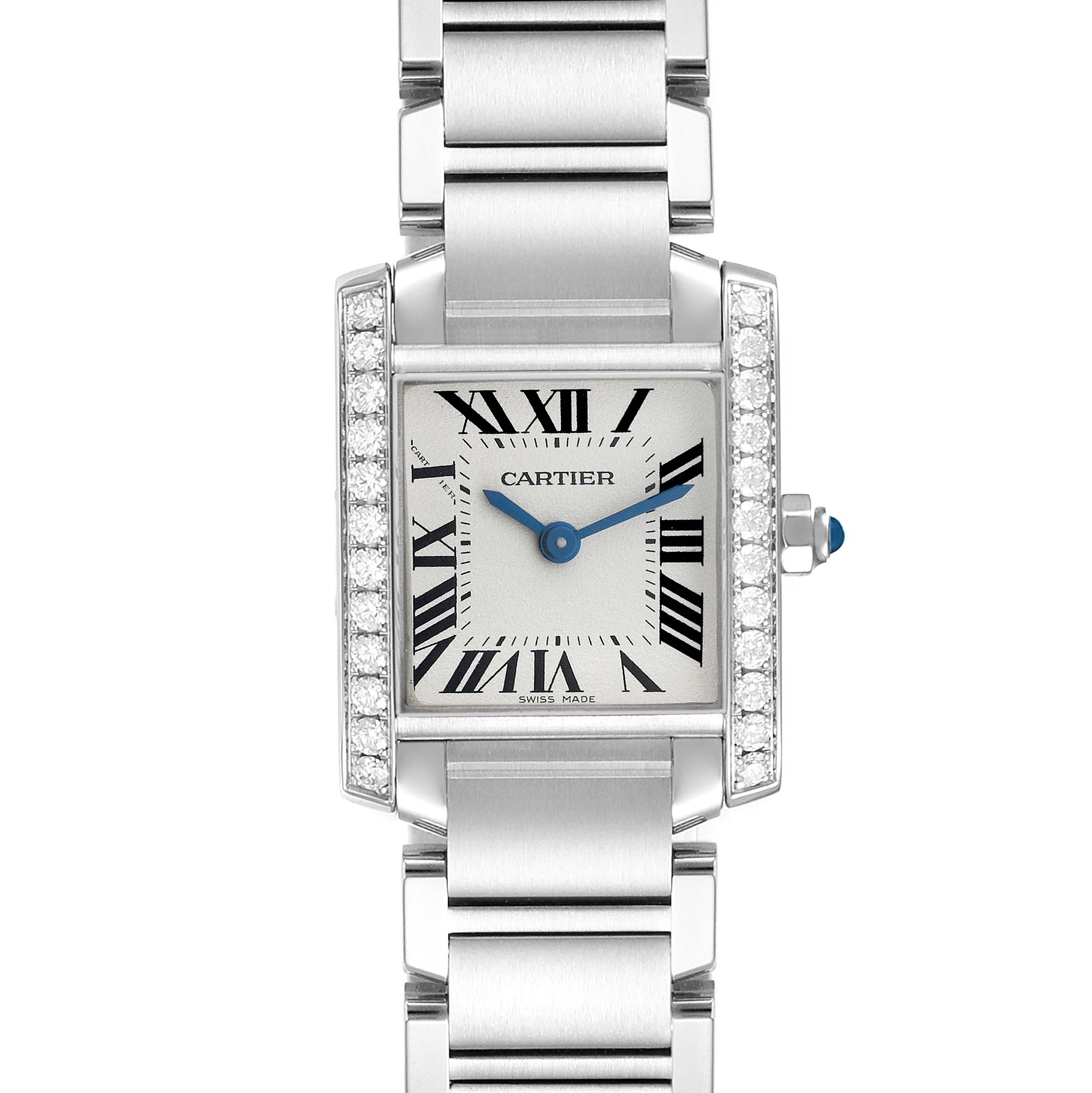 The Cartier Tank Française watch is photographed from the front, showing the face, bracelet, and diamond details.