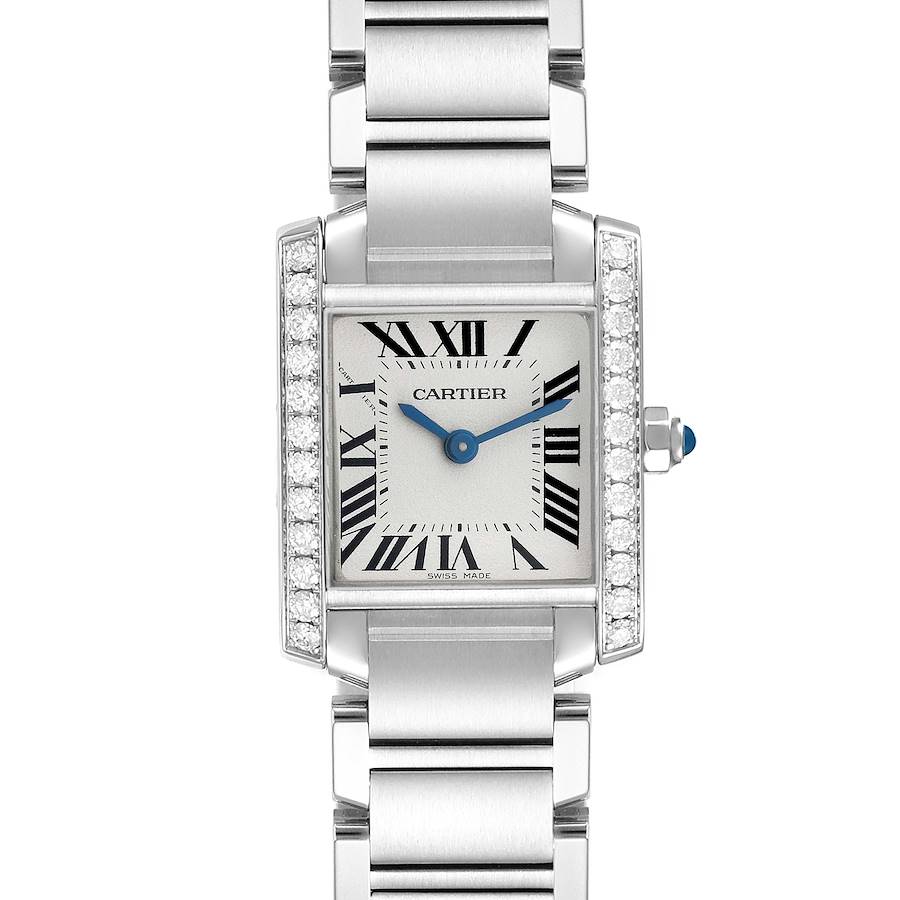 The Cartier Tank Française watch is photographed from the front, showing the face, bracelet, and diamond details.