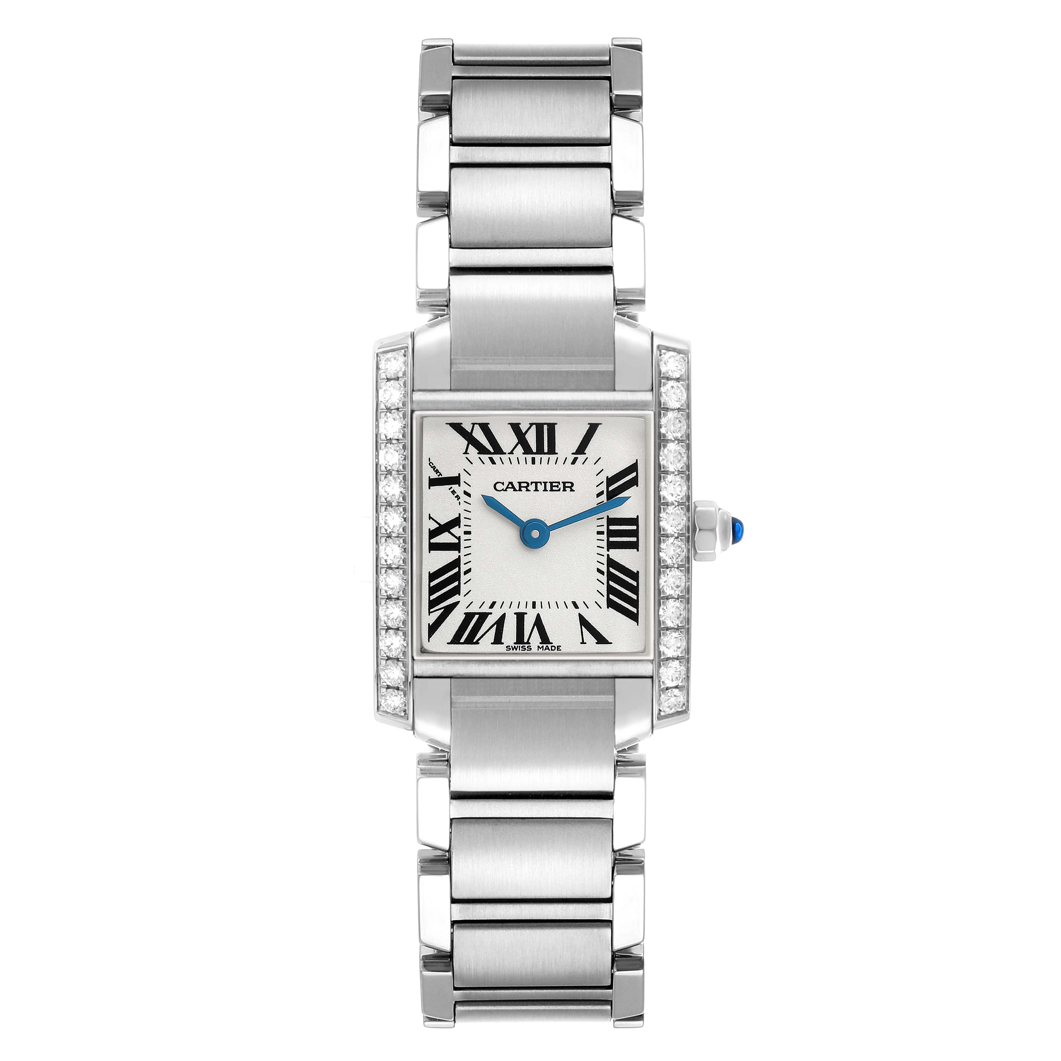 The Cartier Tank Francaise W4TA0008 Women's Stainless Steel Silver Dial watch is shown from a front angle, highlighting the case, dial, bracelet, and crown with a blue cabochon.