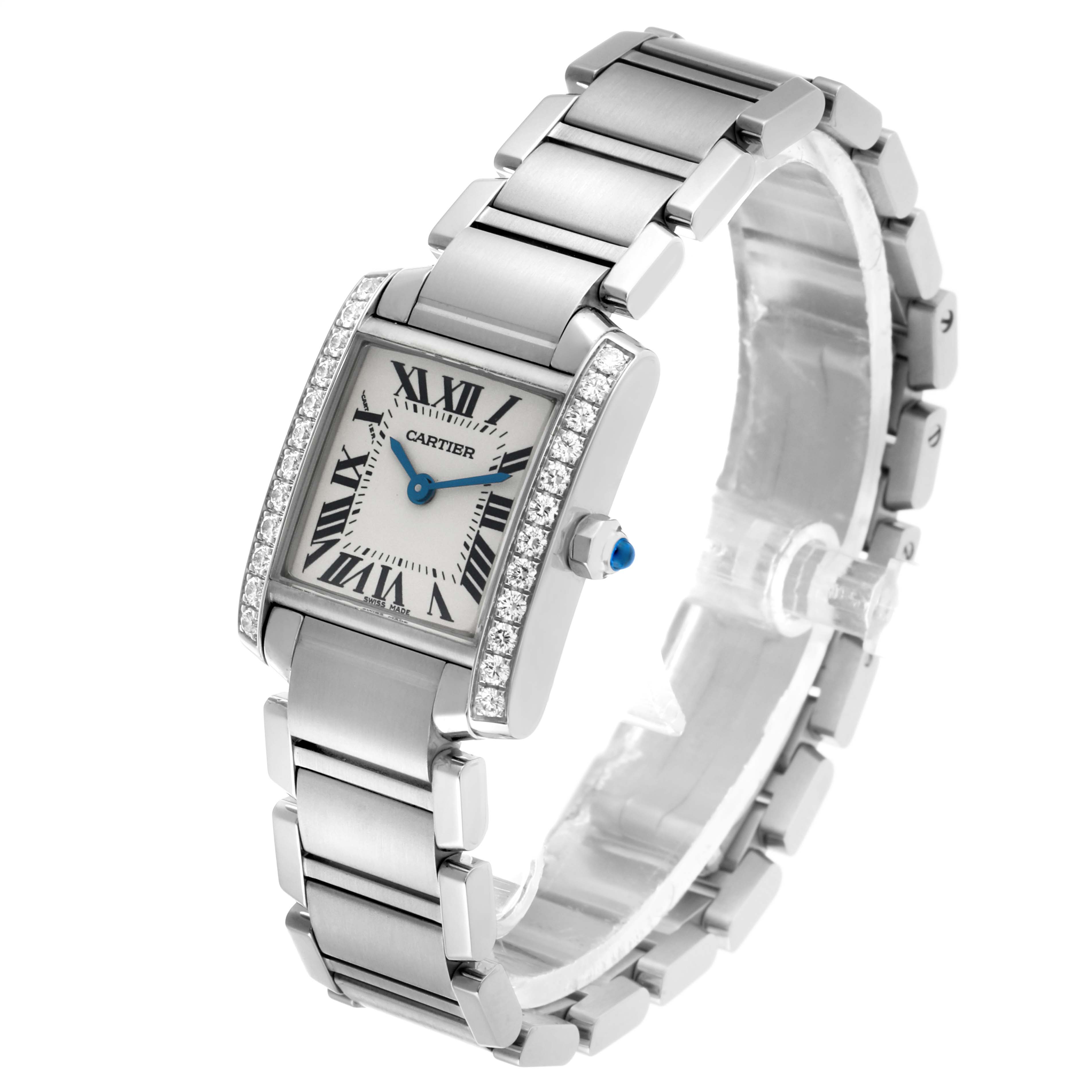 The Cartier Tank Francaise W4TA0008 Women's Stainless Steel Silver Dial watch is shown at an angle highlighting the face, links, crown, and diamond-studded bezel.