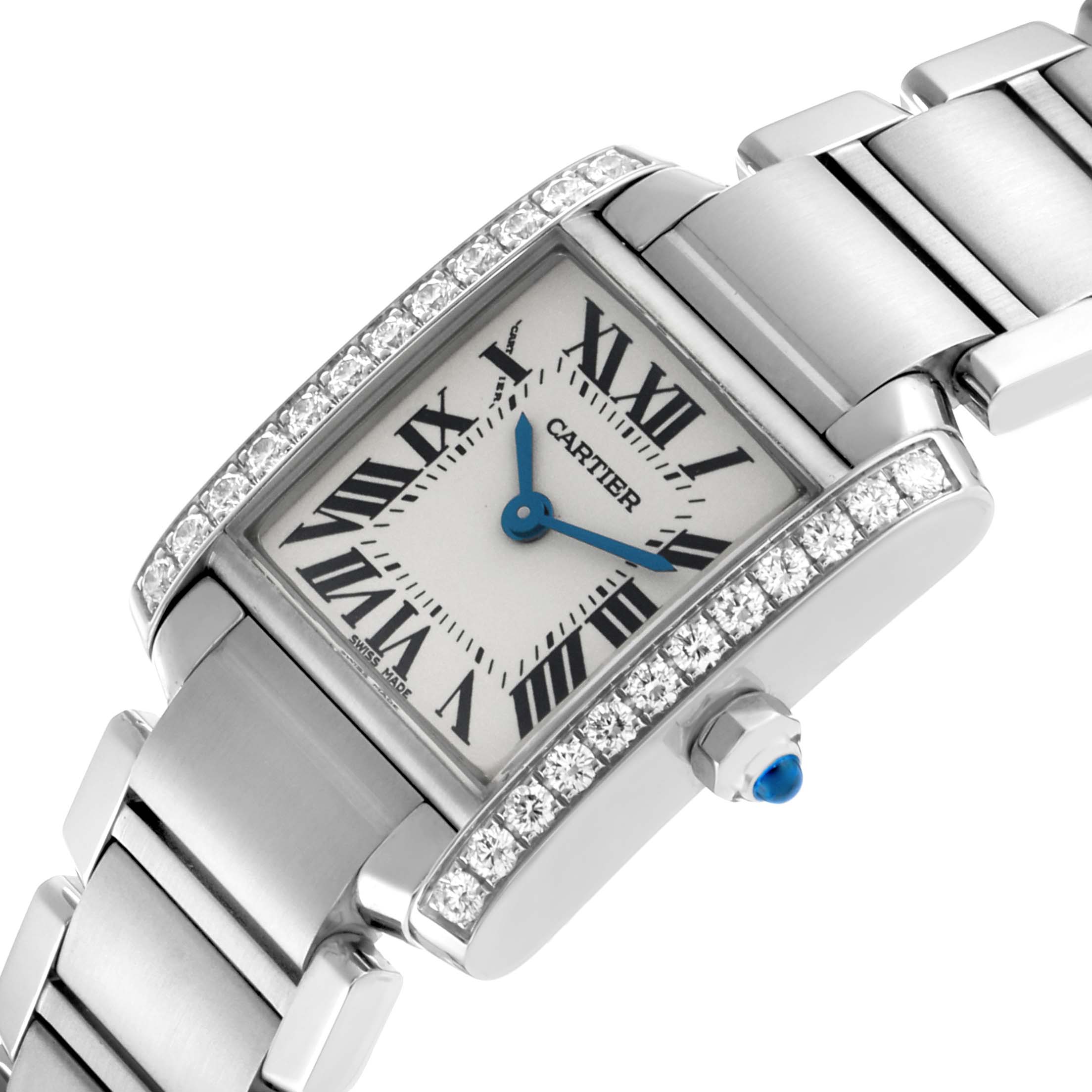 The Cartier Tank Francaise W4TA0008 Women's Stainless Steel Silver Dial watch is shown at a tilted angle, highlighting the diamond-set bezel, Roman numeral dial, and bracelet.