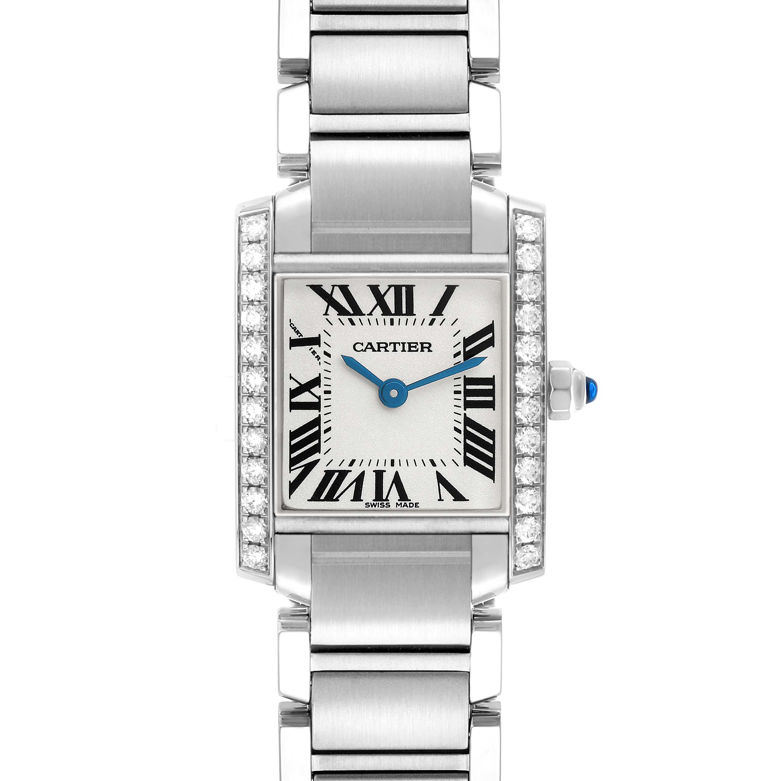 The Cartier Tank Francaise W4TA0008 Women's Stainless Steel Silver Dial watch is shown from a top view, highlighting its face, bracelet, and diamond-adorned bezel.