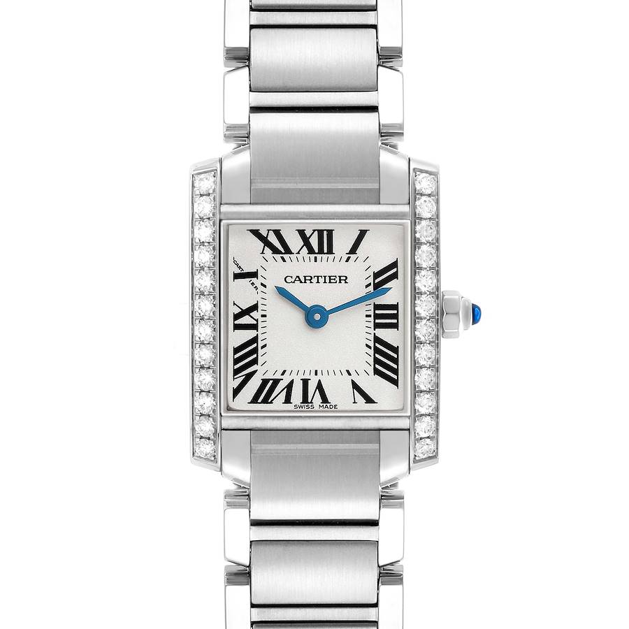 The Cartier Tank Francaise W4TA0008 Women's Stainless Steel Silver Dial watch is shown from a top view, highlighting its face, bracelet, and diamond-adorned bezel.