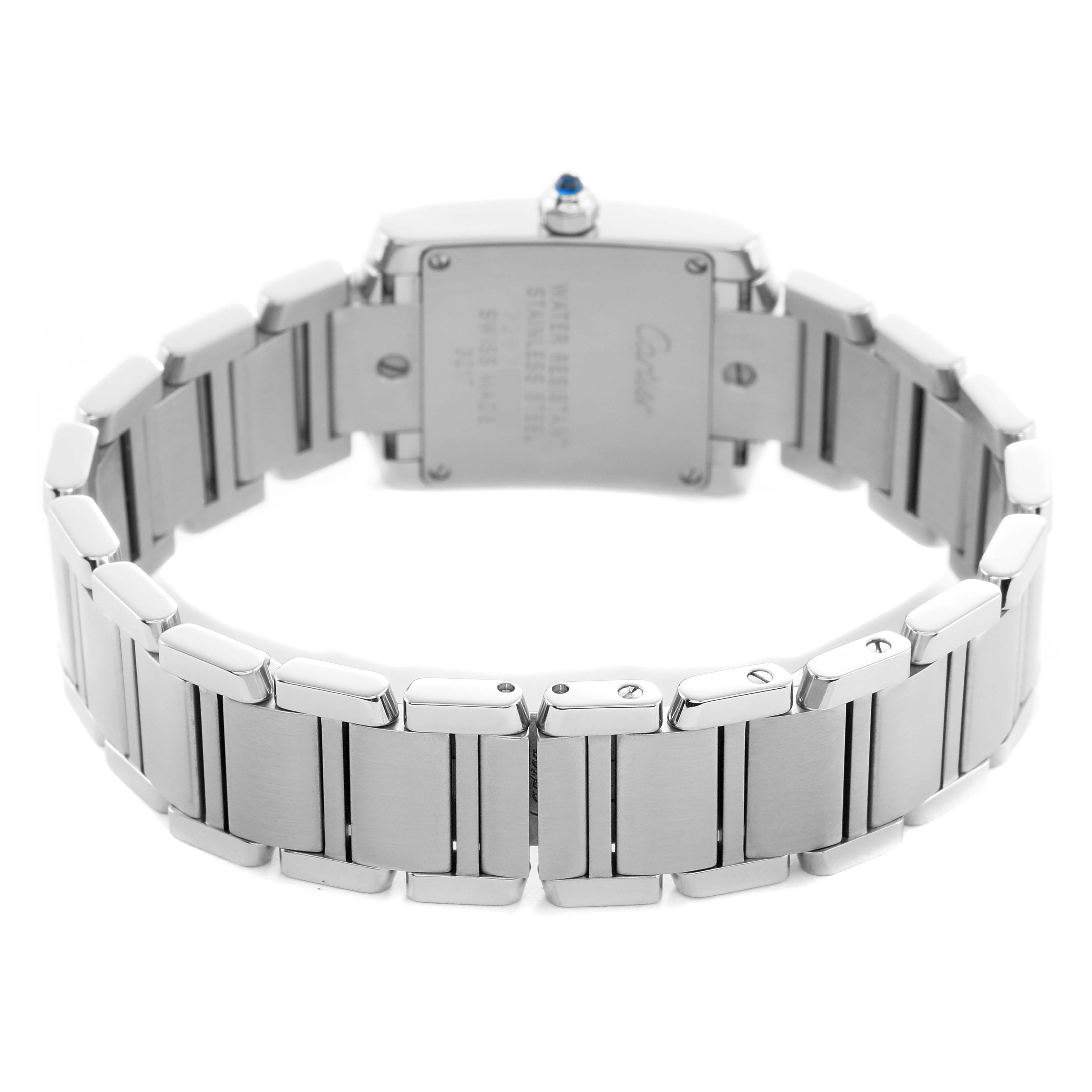 The Cartier Tank Française watch is shown from the back, highlighting the bracelet and case back.