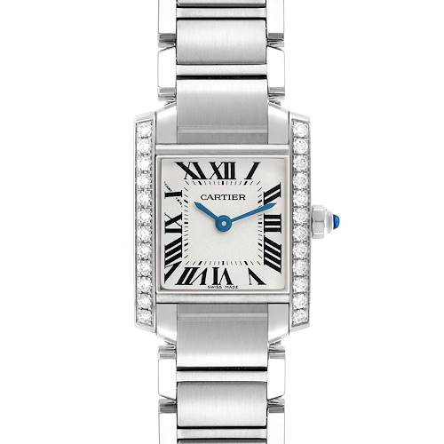 The Cartier Tank Francaise W4TA0008 Women's Stainless Steel Silver Dial watch is shown from a top-down angle, displaying the face, bracelet, and diamond-set case.