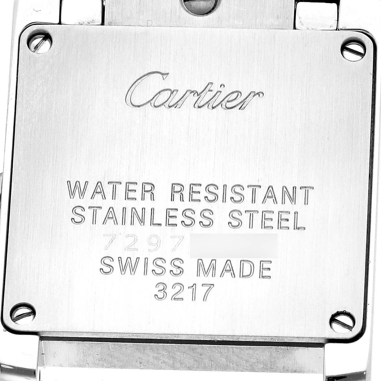 The image shows the back of the Cartier Tank Francaise W4TA0008 Women's Stainless Steel Silver Dial watch, highlighting its water resistance and stainless steel material.