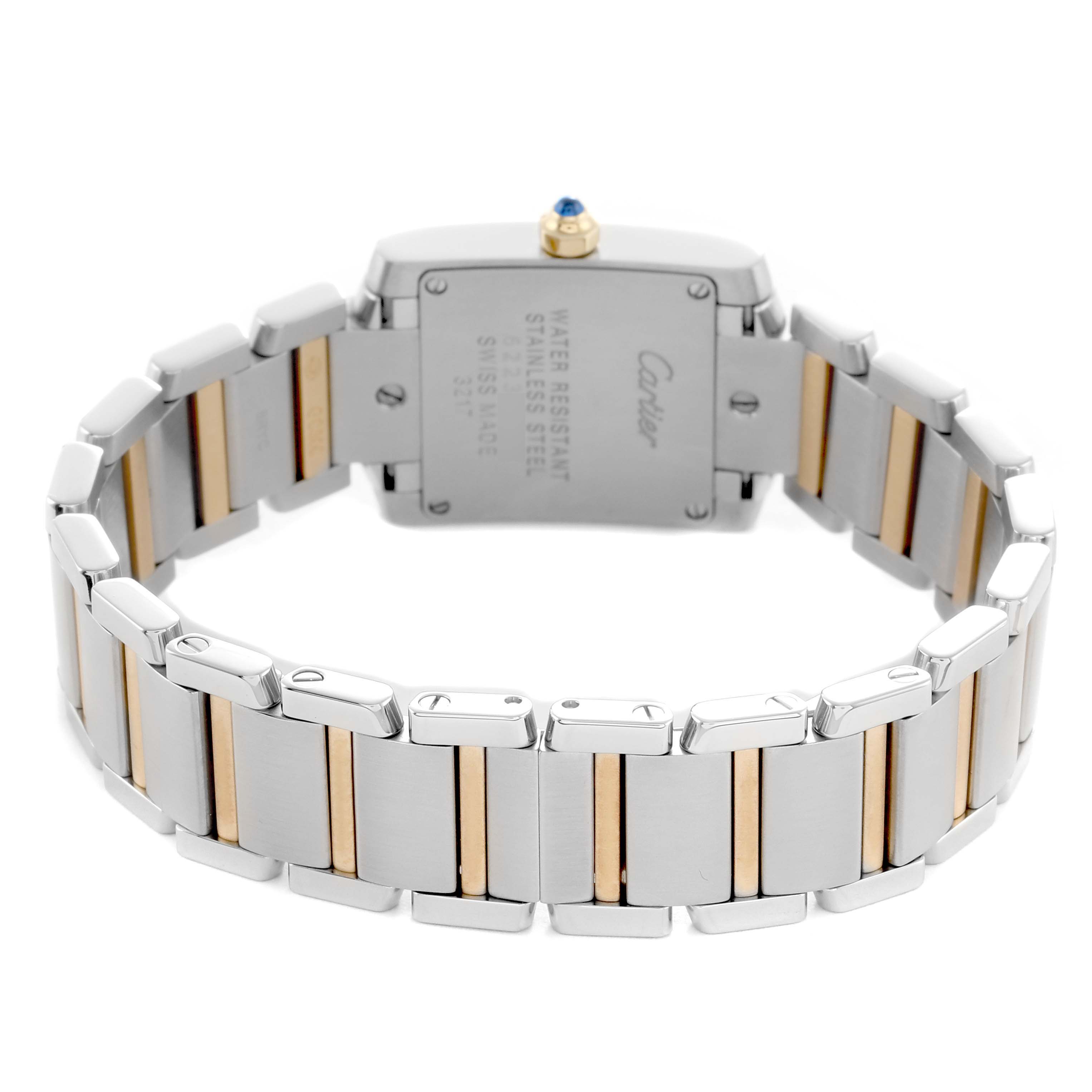 The Cartier Tank Francaise W51007Q4 Women's Steel and Gold (two tone) Silver Dial watch is shown from the back, highlighting the stainless steel and gold bracelet and case back details.