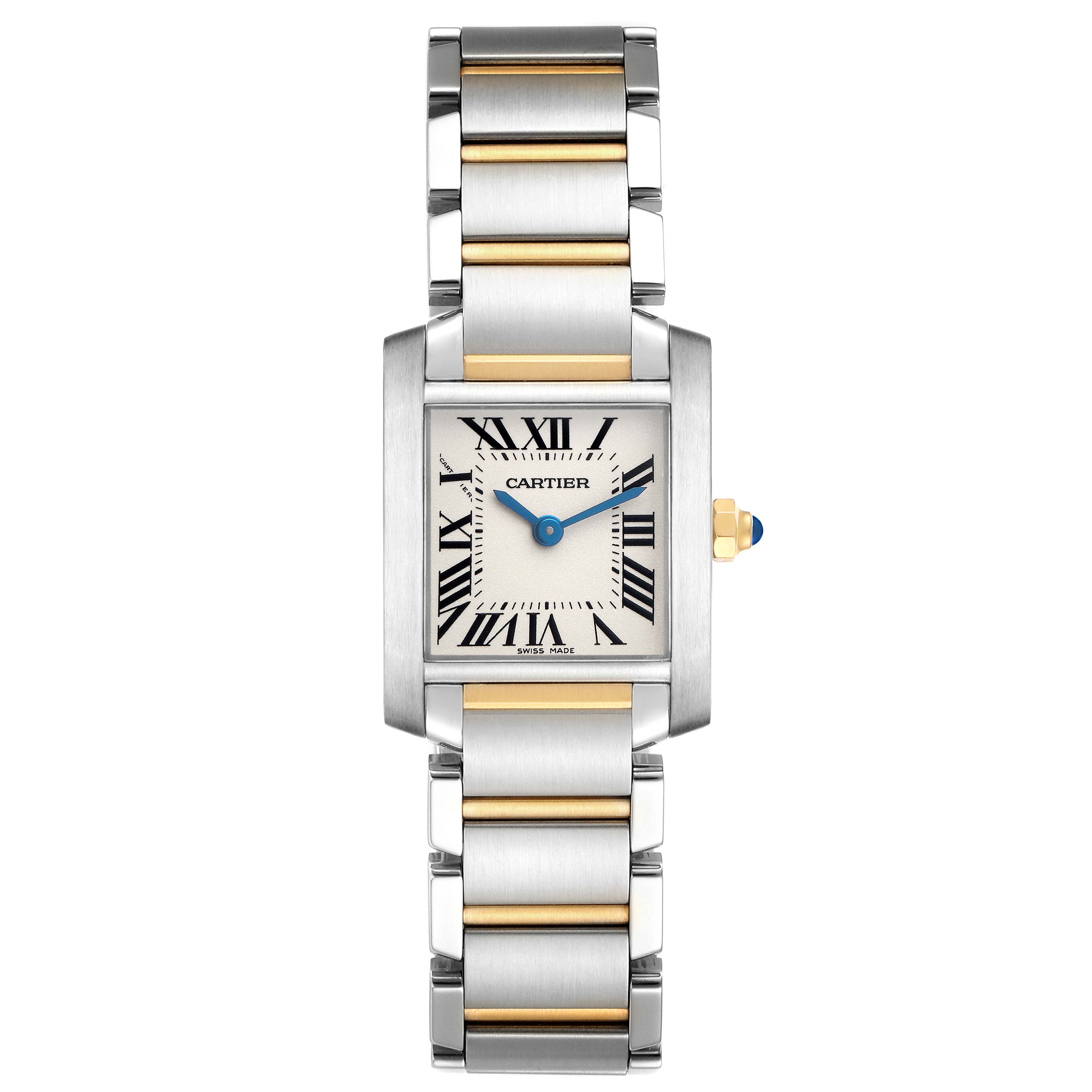 The Cartier Tank Francaise W51007Q4 Women's Steel and Gold (two tone) Silver Dial watch is shown from a top view, highlighting its dial, bracelet, and the crown with a blue cabochon.
