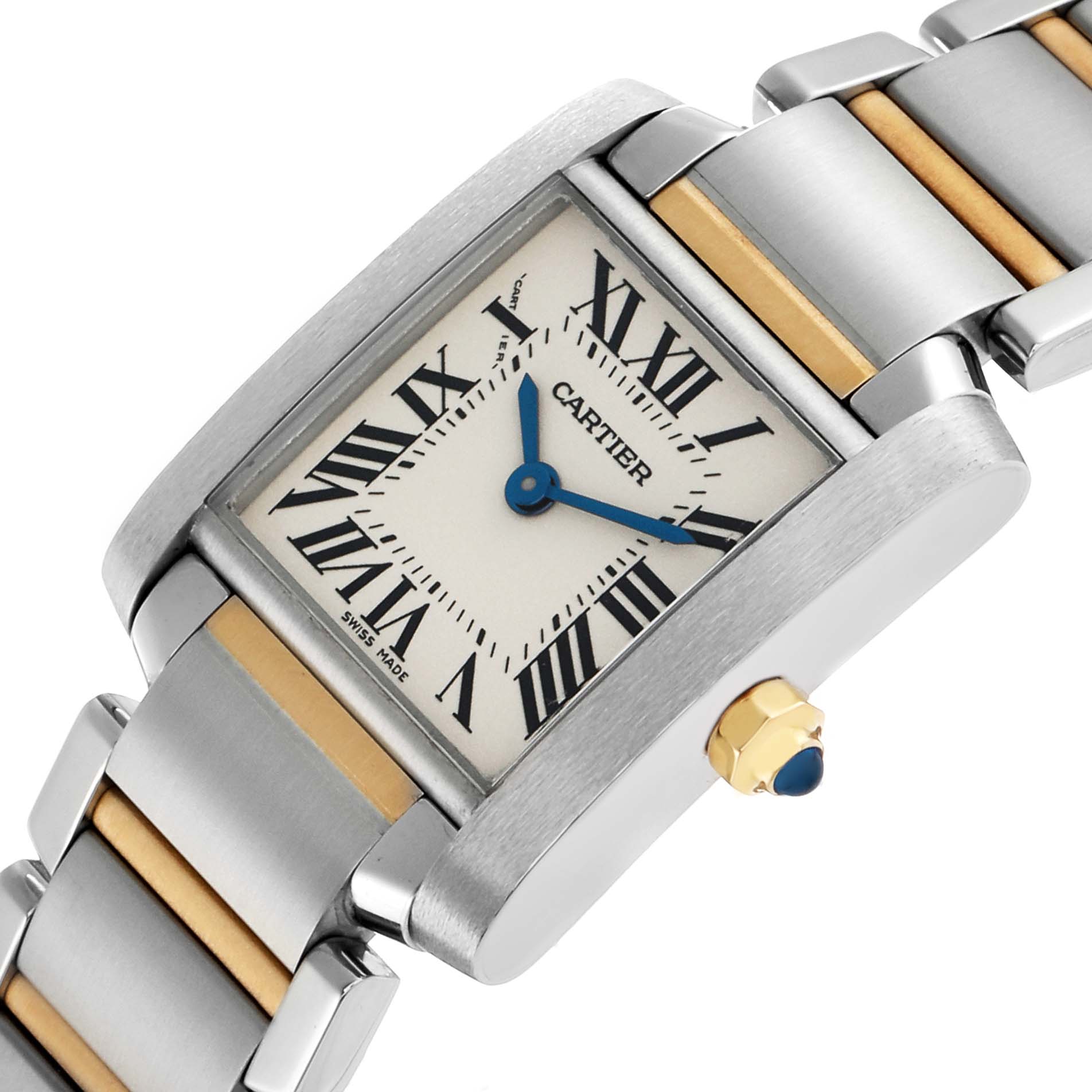The Cartier Tank Francaise W51007Q4 Women's Steel and Gold (two tone) Silver Dial watch is shown from a three-quarter angle, highlighting the face, crown, and part of the bracelet.