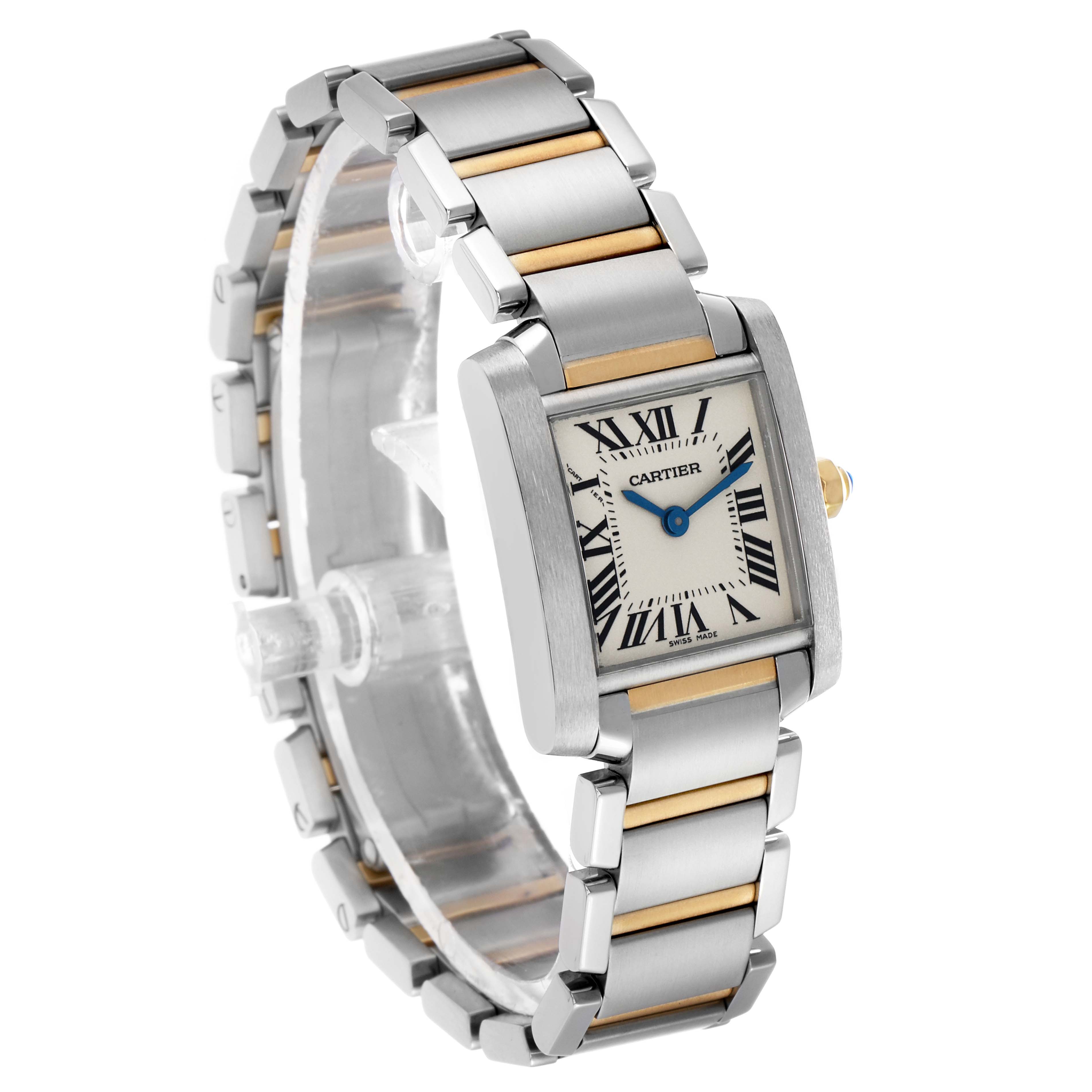 The Cartier Tank Française watch is shown at an angle, displaying its rectangular case, Roman numeral dial, and two-tone bracelet.