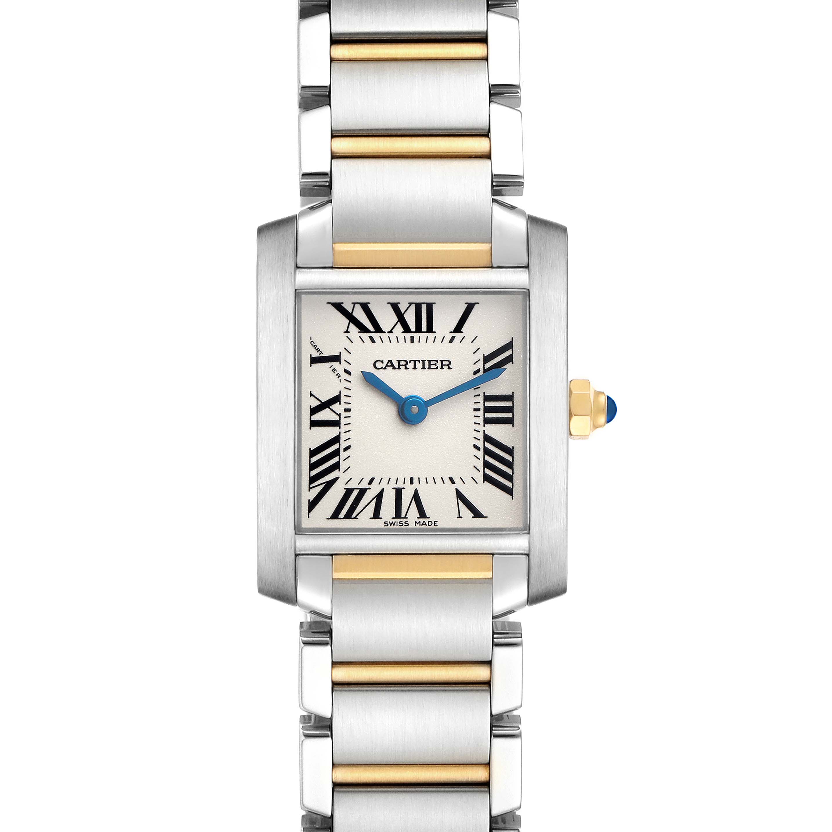 The Cartier Tank Française watch is shown from a front angle, highlighting its dial, Roman numerals, and two-tone bracelet.