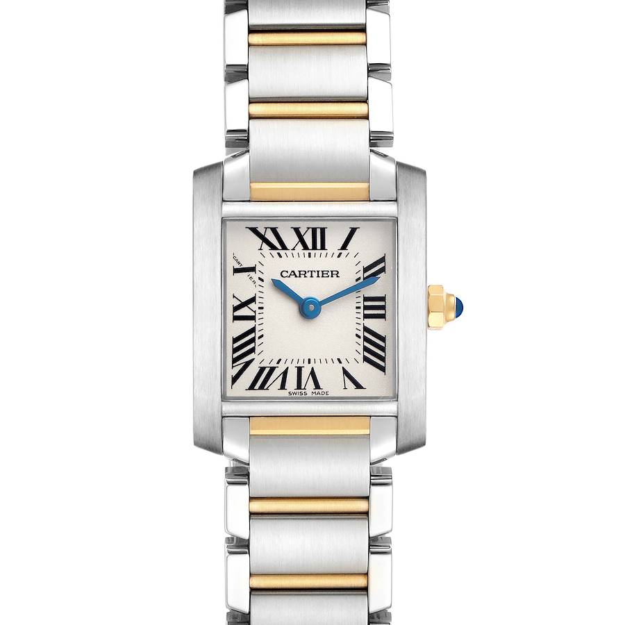 The Cartier Tank Française watch is shown from a front angle, highlighting its dial, Roman numerals, and two-tone bracelet.