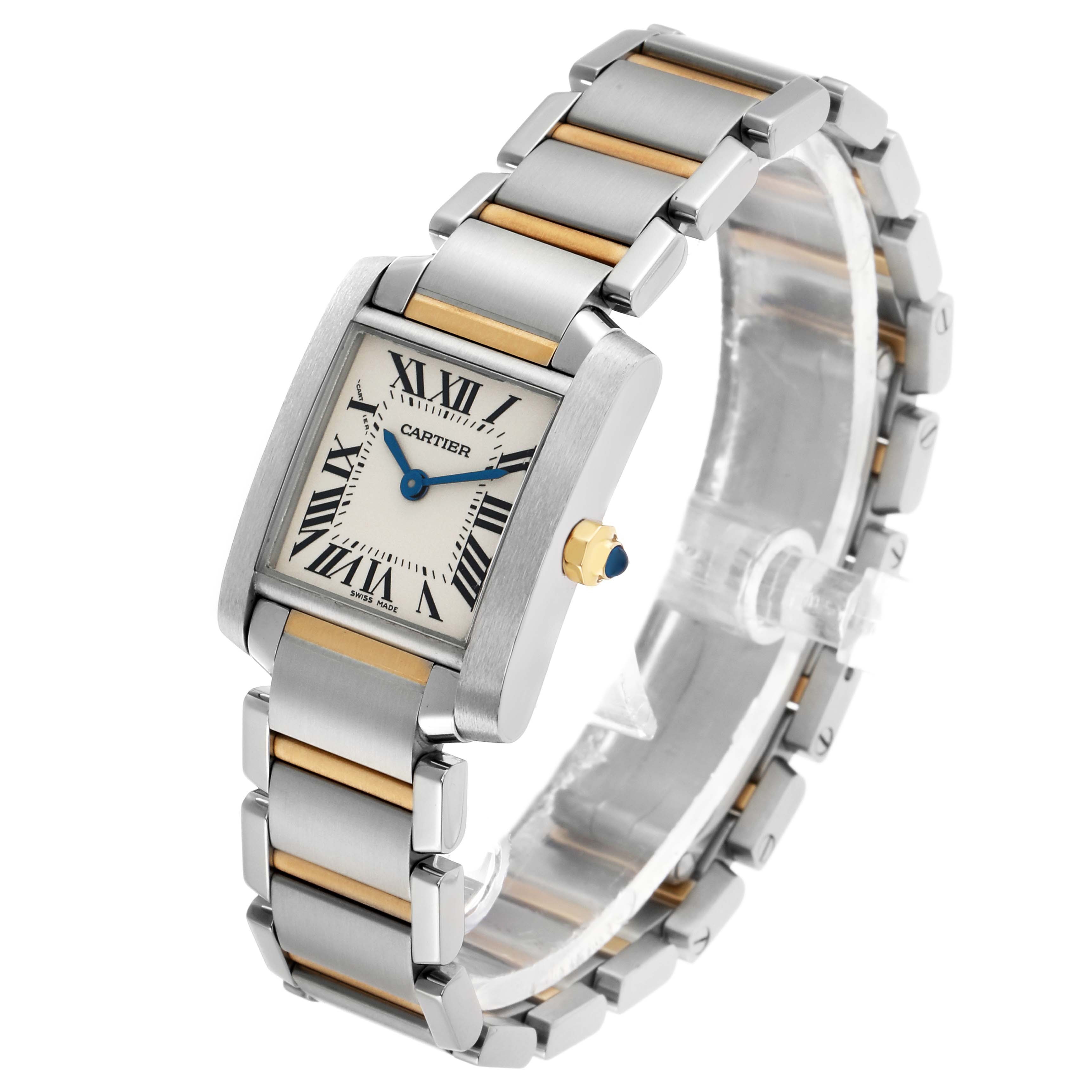 The Cartier Tank Francaise W51007Q4 Women's Steel and Gold (two tone) Silver Dial watch is shown at an angle displaying the face, bracelet, and distinctive crown.